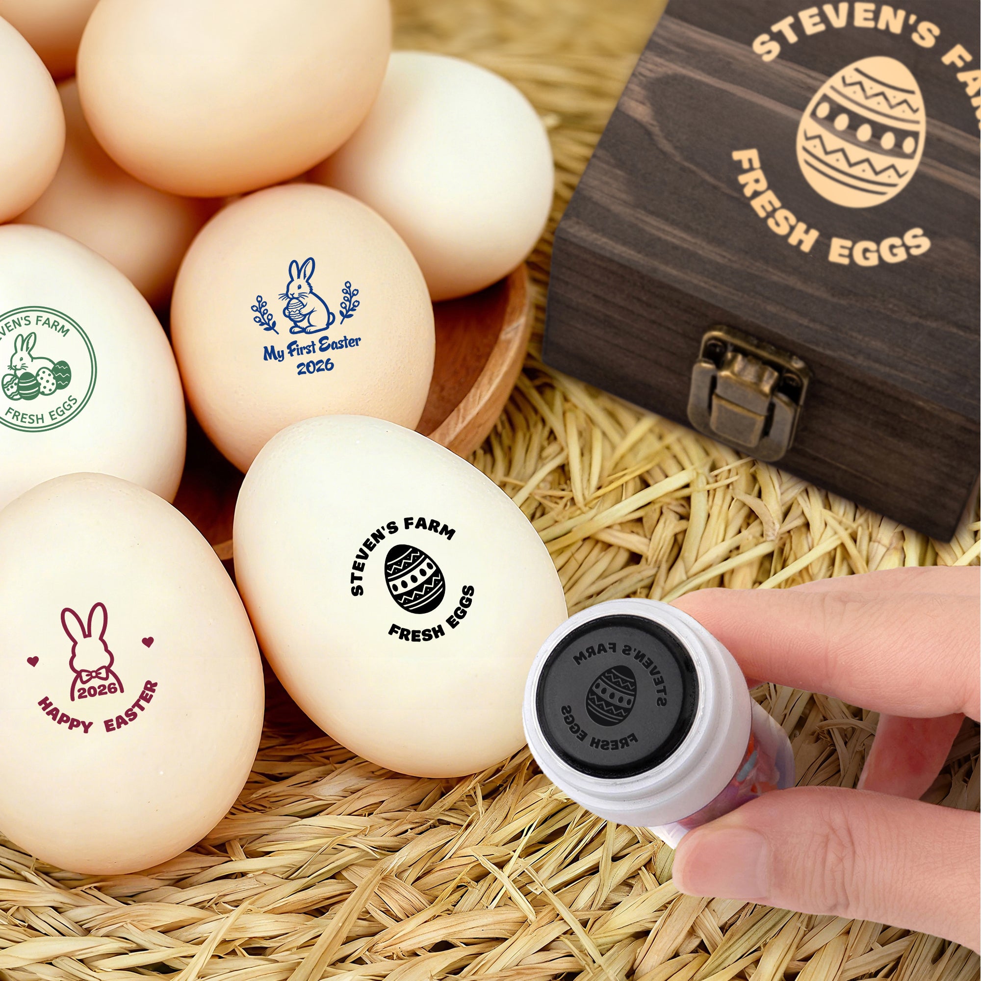 Sello personalizado multiestampado para huevos de Pascua con nombre y caja de madera Regalo de Pascua para familias Granjeros Criadores