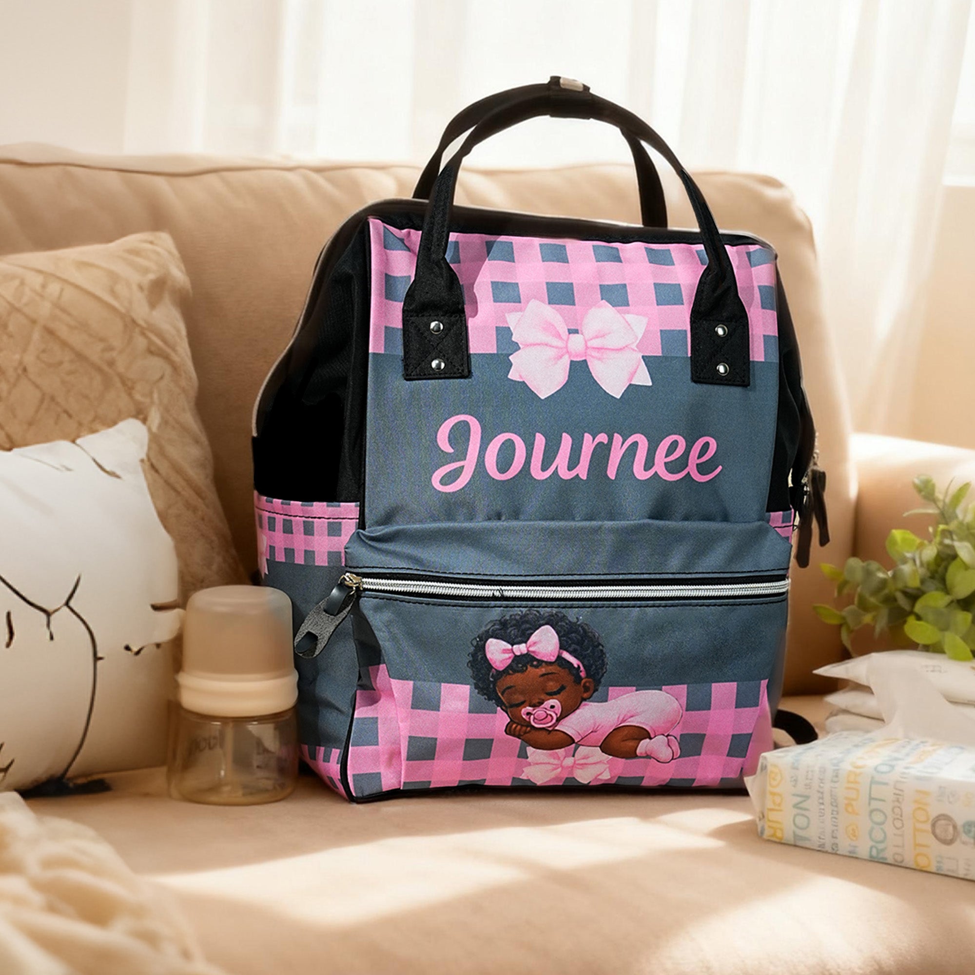 Bolsa de pañales de lona de gran capacidad con nombre y asa personalizada para el Día de la Madre de la primera fiesta del bebé.