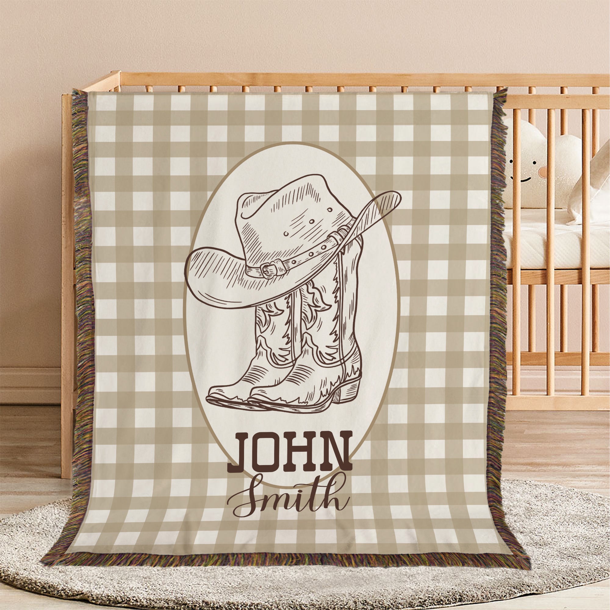 Manta de bebé personalizada con nombre y borlas, botas de vaquero y sombrero a cuadros, regalo de baby shower para recién nacidos y padres primerizos