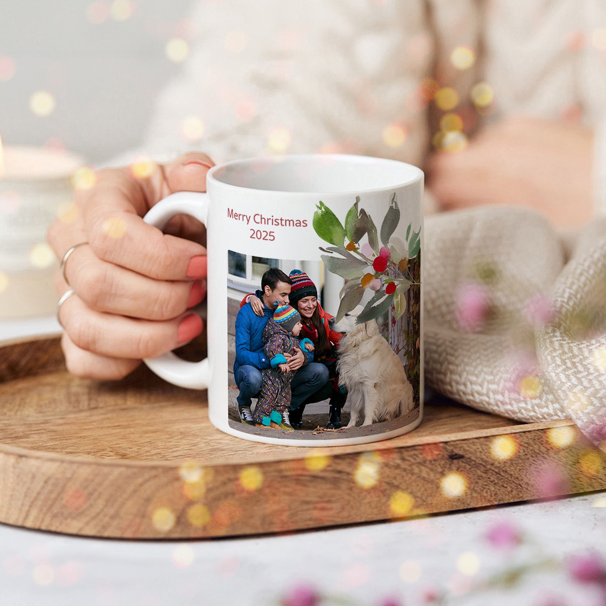 Personalizada Corona de Navidad Bayas Rojas 11 oz 15 oz Foto Taza de Cerámica con Texto Navidad Regalo para Amigos Familia