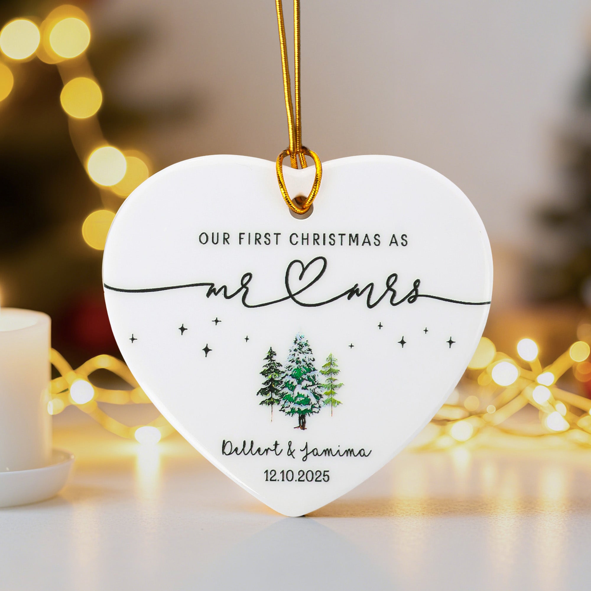 Adorno navideño de cerámica personalizado en forma de corazón de Sr. Sra. con nombre y fecha Decoración para el hogar Primer recuerdo navideño Regalo para parejas