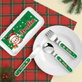 Juego de cubiertos de 3 piezas de cuchara, tenedor, cuchillo y gorro de Papá Noel de dibujos animados personalizado con nombre Regalo de Navidad para niños
