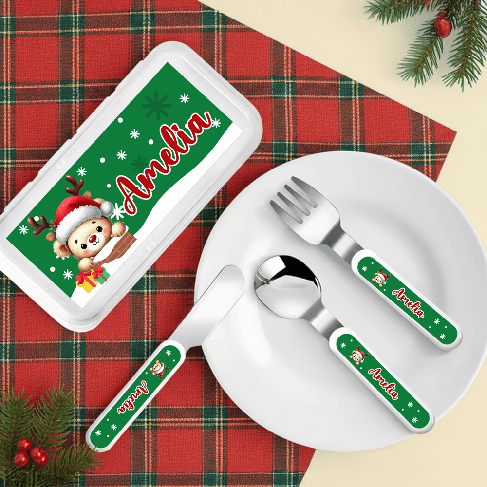 Juego de cubiertos de 3 piezas de cuchara, tenedor, cuchillo y gorro de Papá Noel de dibujos animados personalizado con nombre Regalo de Navidad para niños
