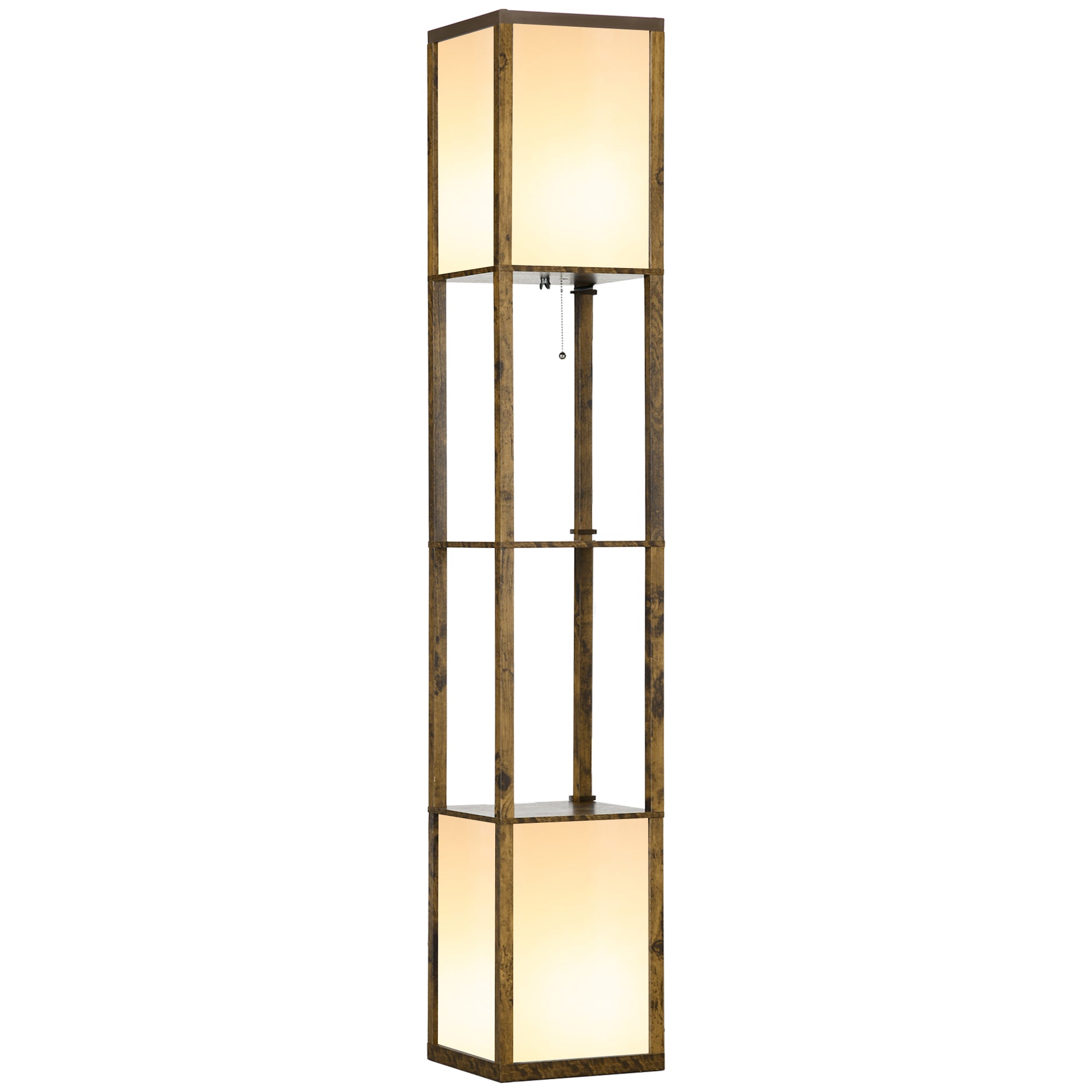 Modern Corner Standing Lamp with Shelves & Dual Lampshades, Bulb not Included, Rustic Brown