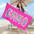 Toalla de playa personalizada con nombre floral multicolor de gran tamaño y secado rápido Vacaciones de verano Fiesta en la playa Regalo de cumpleaños para mujer