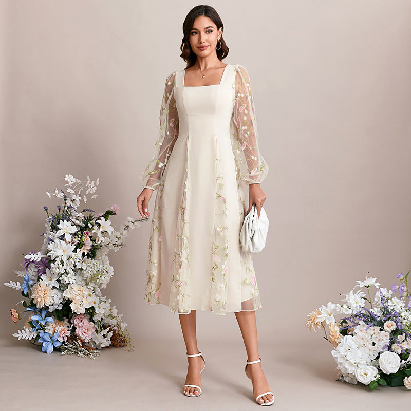 Bridal Wedding Dress Ivory Long Sleeve Short Square A-line Lace
