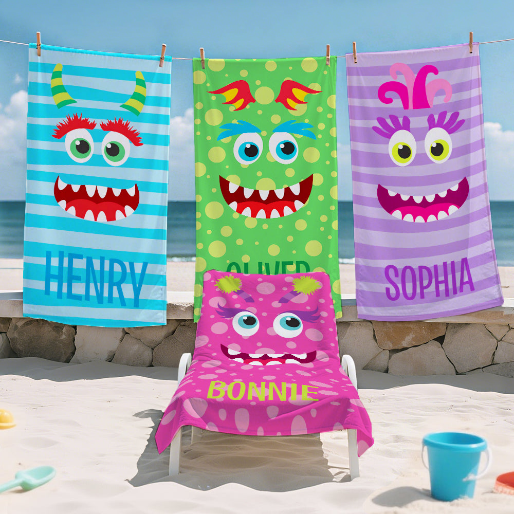 Toalla de playa de microfibra de secado rápido personalizada con el nombre de un monstruo de colores Regalo de cumpleaños para la familia y los niños