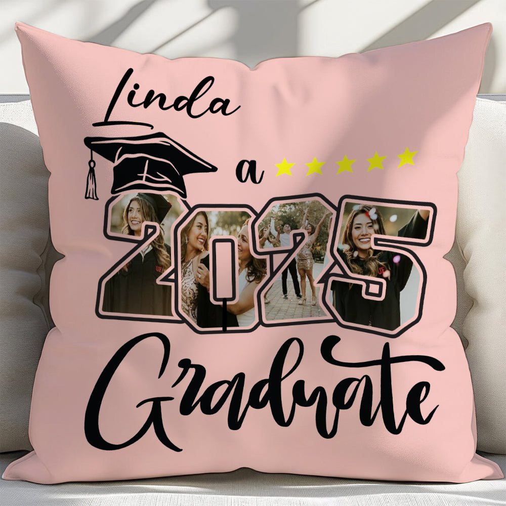 Gorro de Graduación Personalizado Clase de 2025 4 Fotos Funda de Almohada Suave con Nombre Decoración del Hogar Regalo de Graduación para Graduados