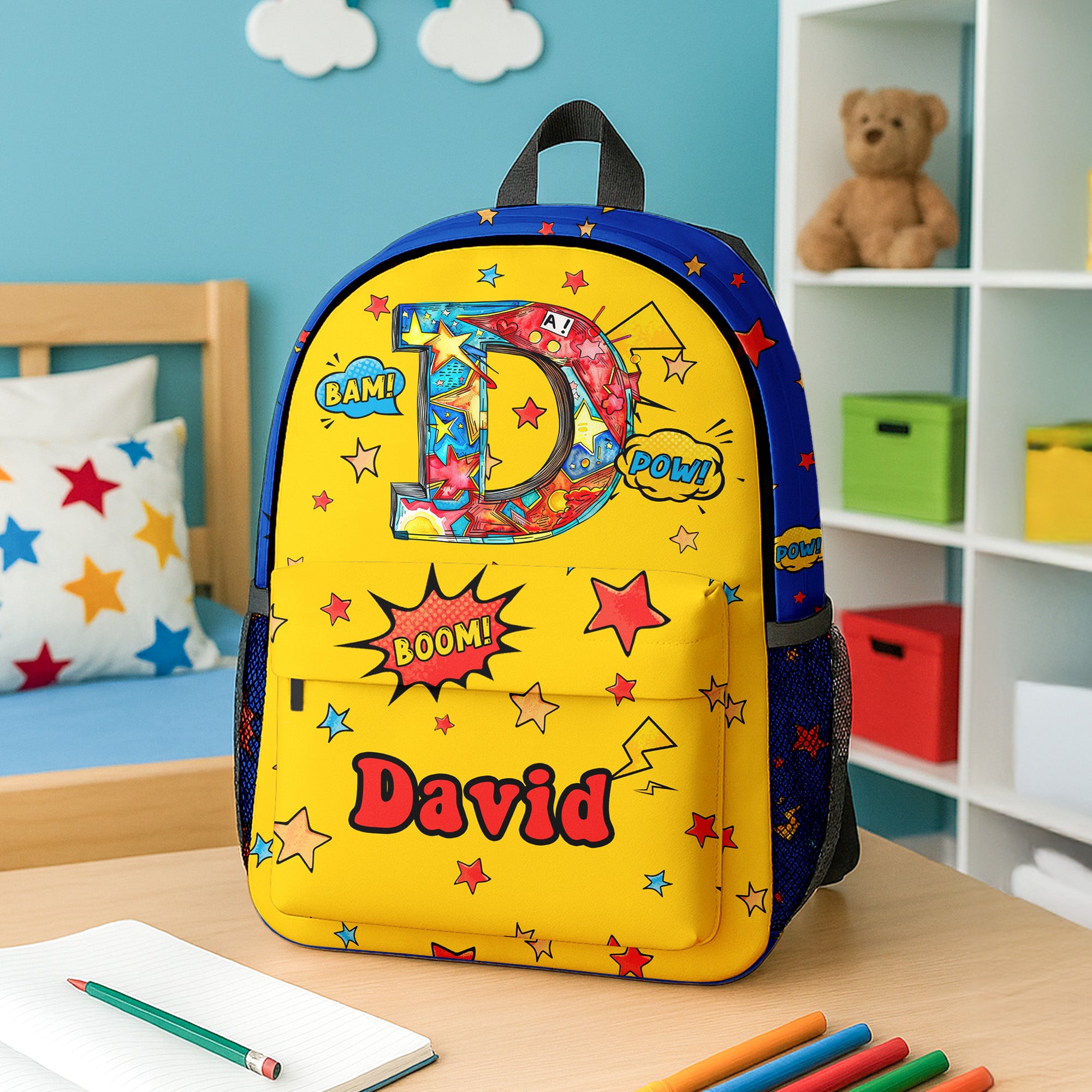 Mochila personalizada Pop Art Star Boom estilo cómic de gran capacidad con nombre e inicial Regalo de cumpleaños de vuelta al cole para niños Niñas