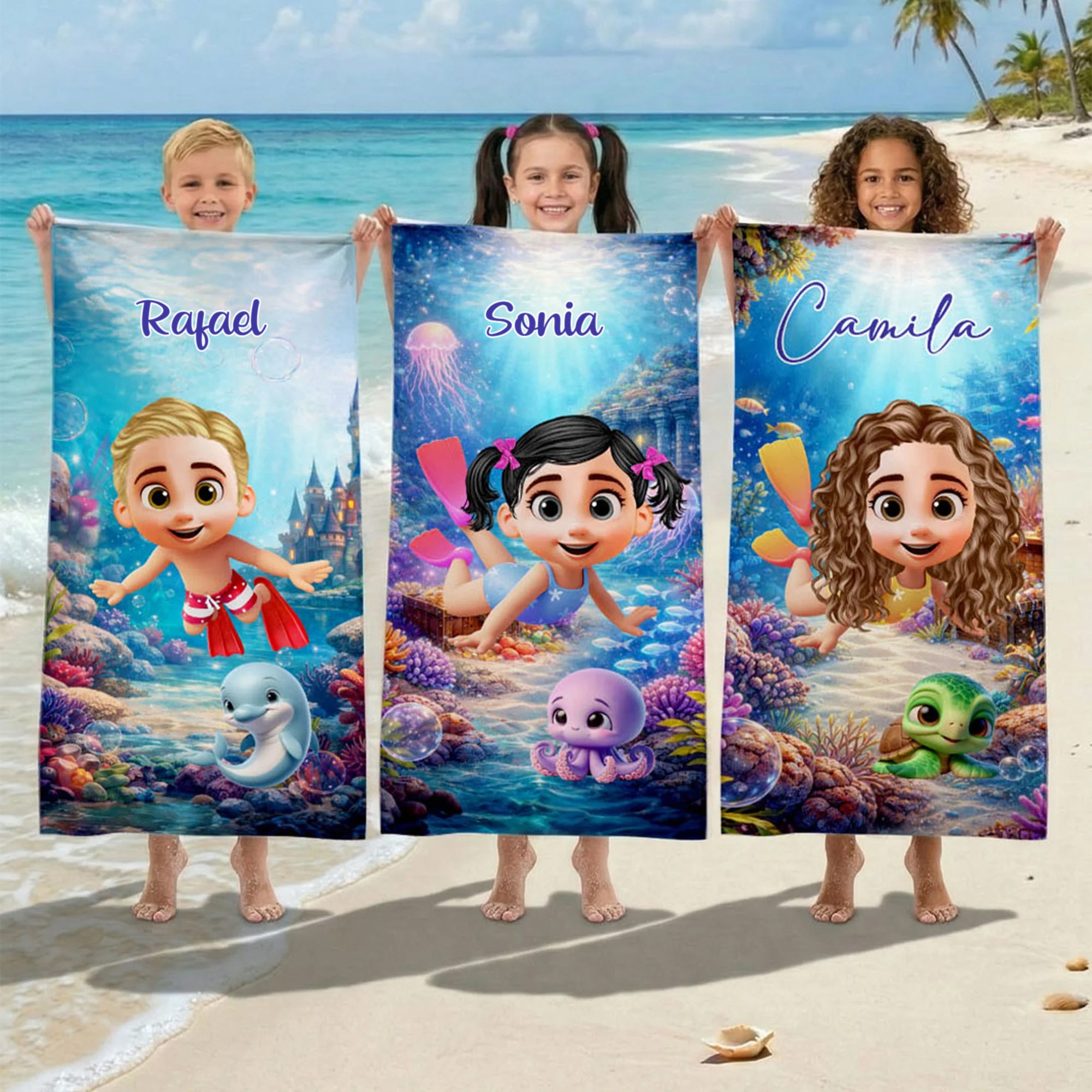 Toalla de playa personalizada de microfibra con personaje animado 3D de animal marino secado rápido regalo de playa y cumpleaños para niños y adultos