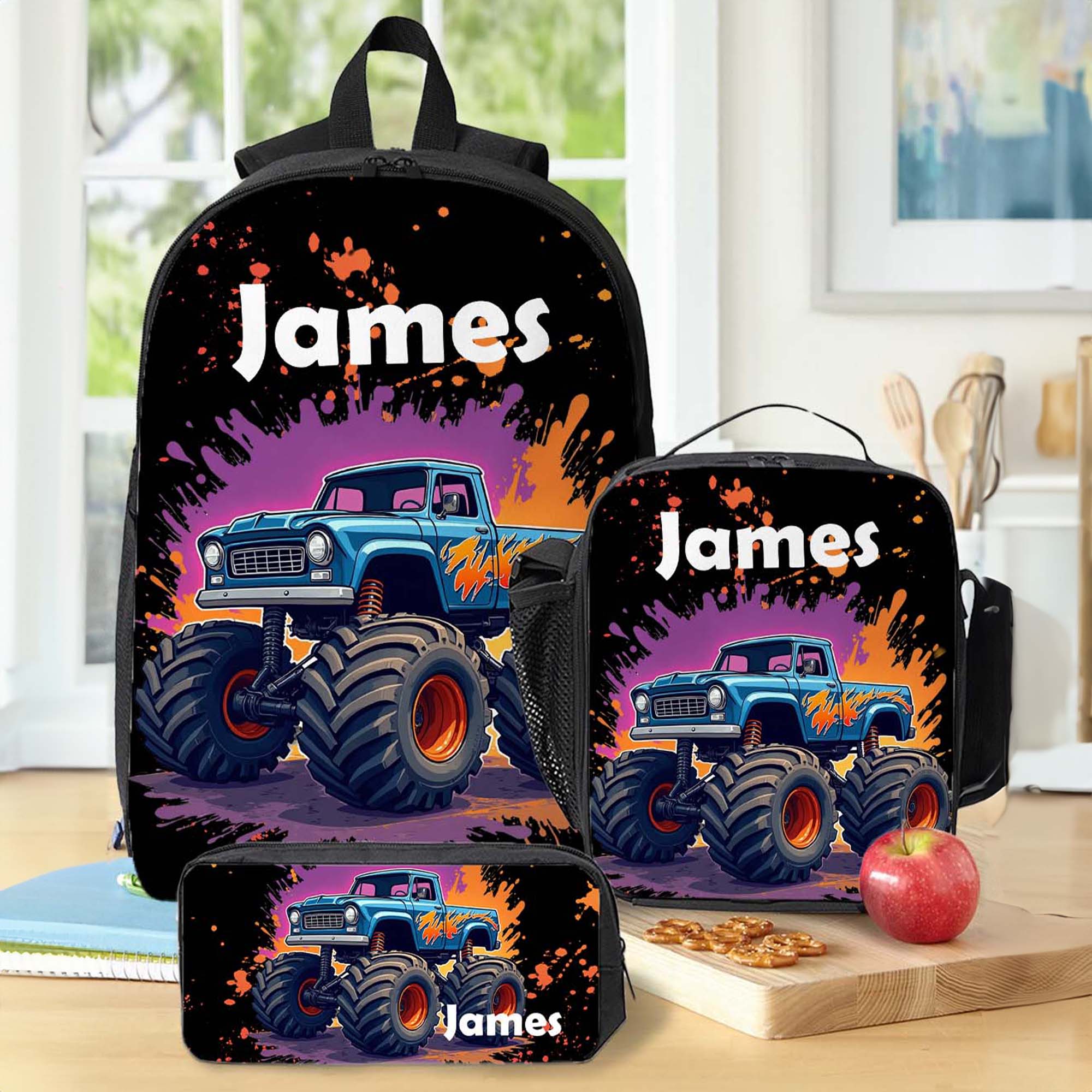 Mochila personalizada de acuarela con dibujos de camiones Bolsa de almuerzo Estuche con nombre Regalo de cumpleaños de vuelta al cole para niños Niñas Estudiantes