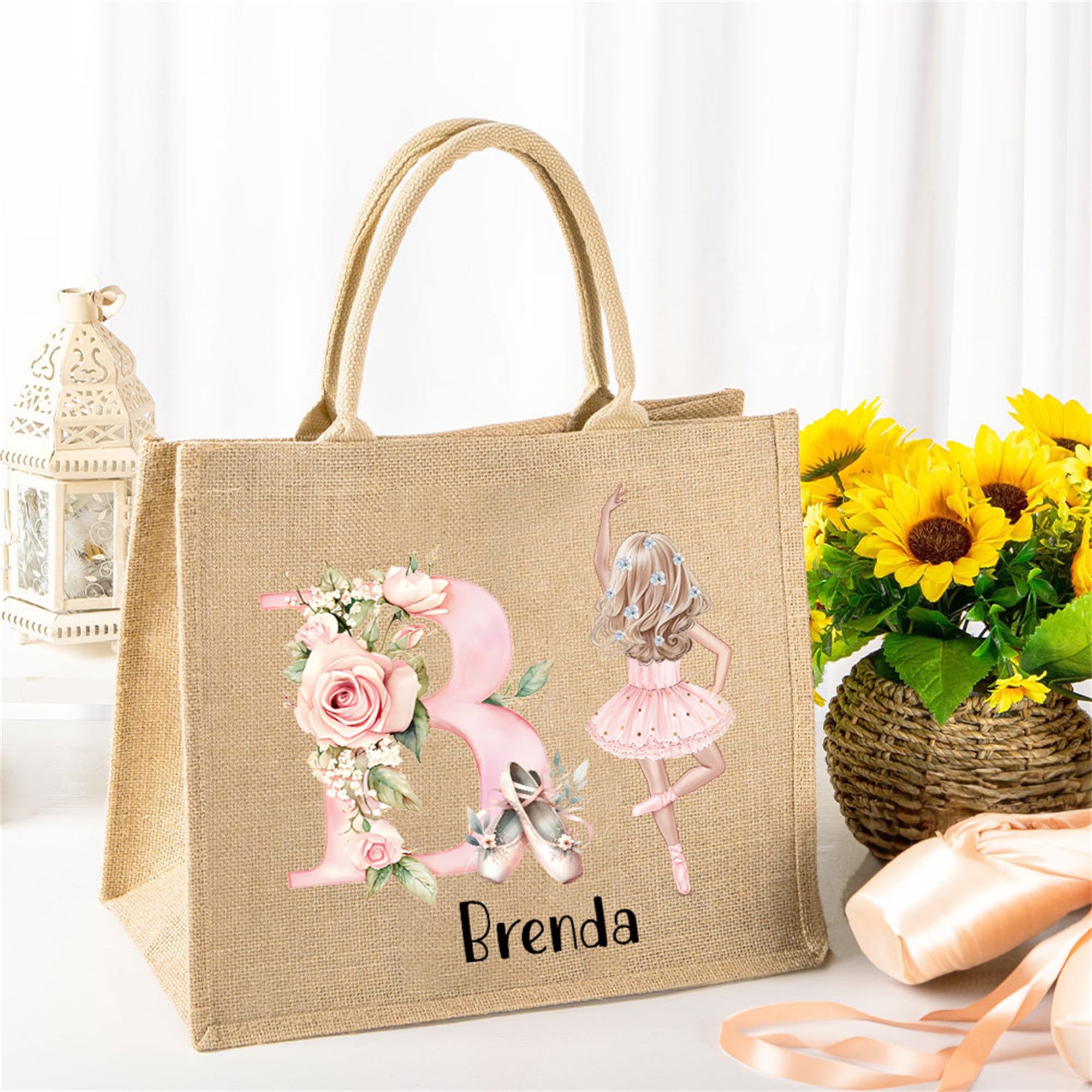 Bolsa de yute con inicial y nombre para niña de ballet personalizada Accesorios de viaje Regalo de cumpleaños Navidad para amantes del ballet