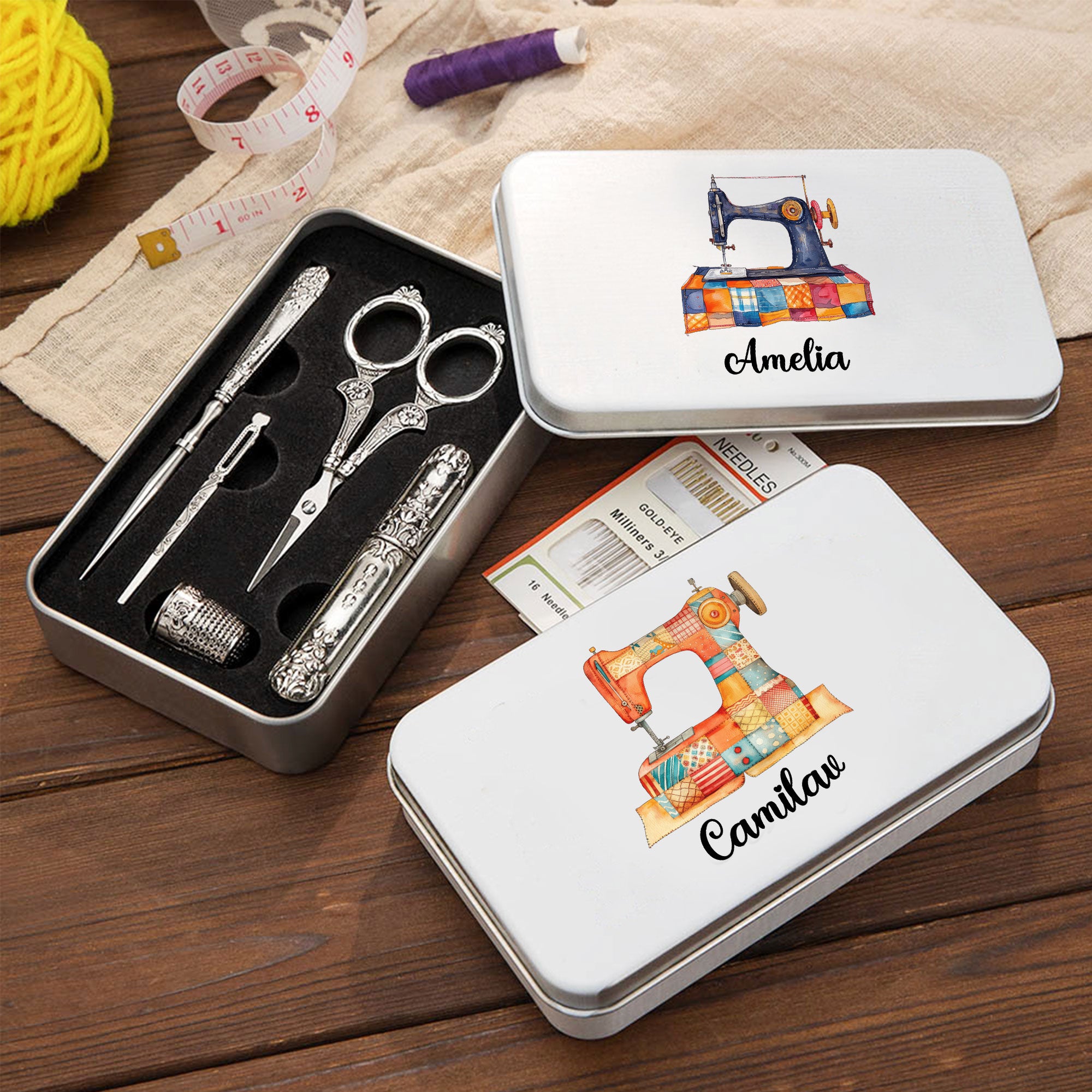 Personalizado parche máquina de coser 6 piezas de herramientas de costura con caja de lata y el nombre de regalo de cumpleaños para sastre amante de la costura