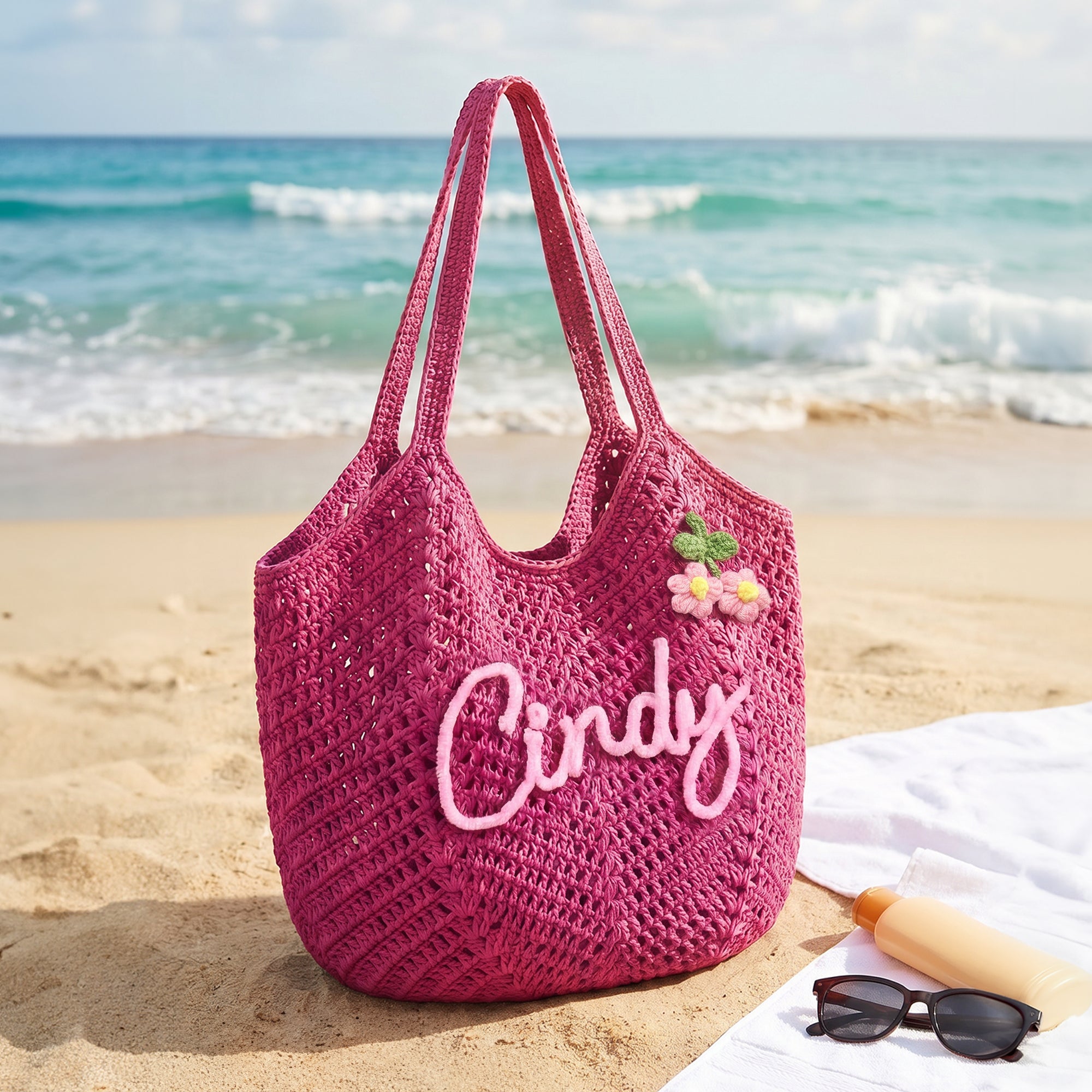 Bolso tote de hilo personalizado con flor y nombre multicolor para vacaciones de verano regalo de cumpleaños para mujeres y mejores amigas