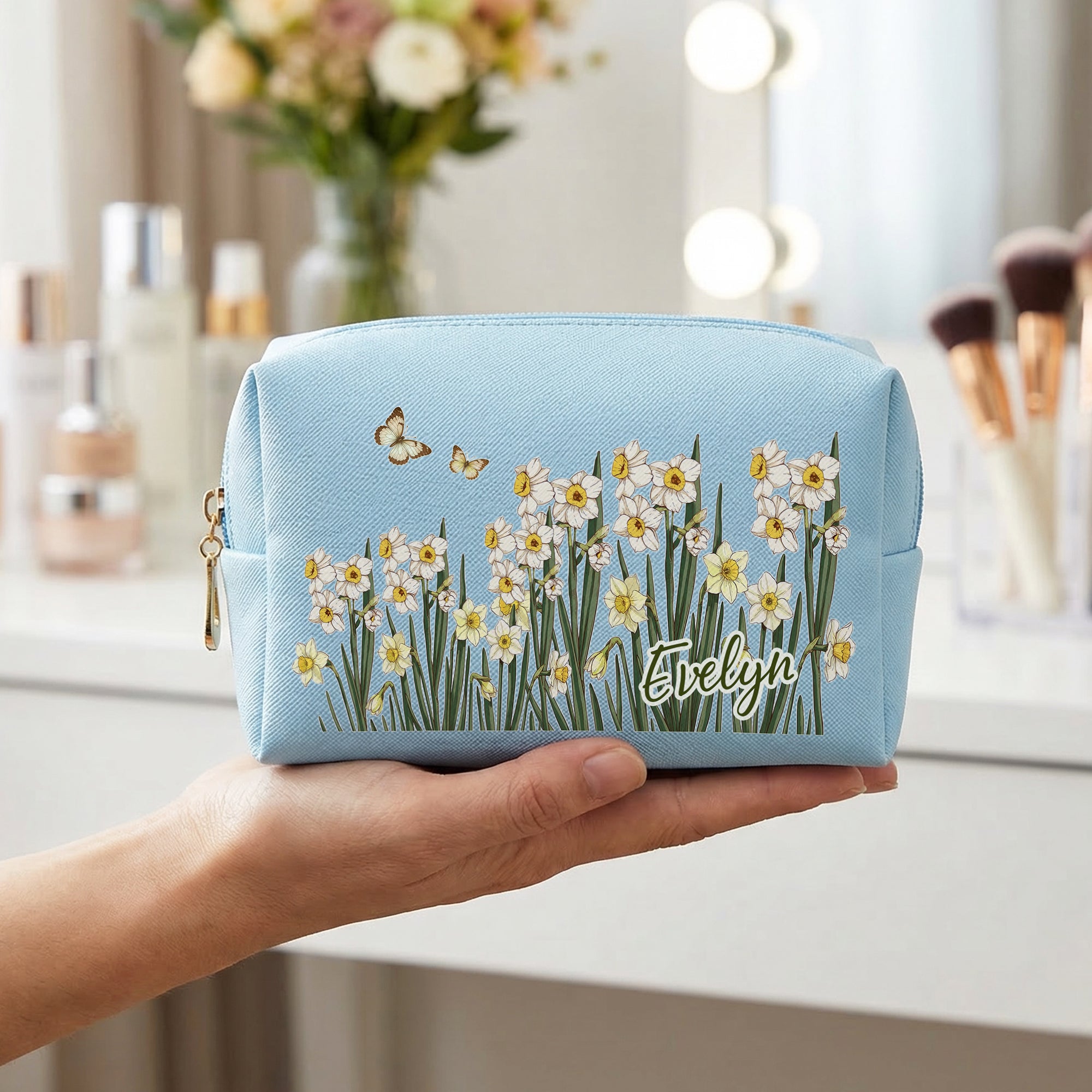 Personalizado Multicolor Nacimiento Flor Mariposa PU Bolsa de maquillaje de cuero con nombre y cremallera de viaje Essentials Cumpleaños Día de la Madre de regalo para las mujeres