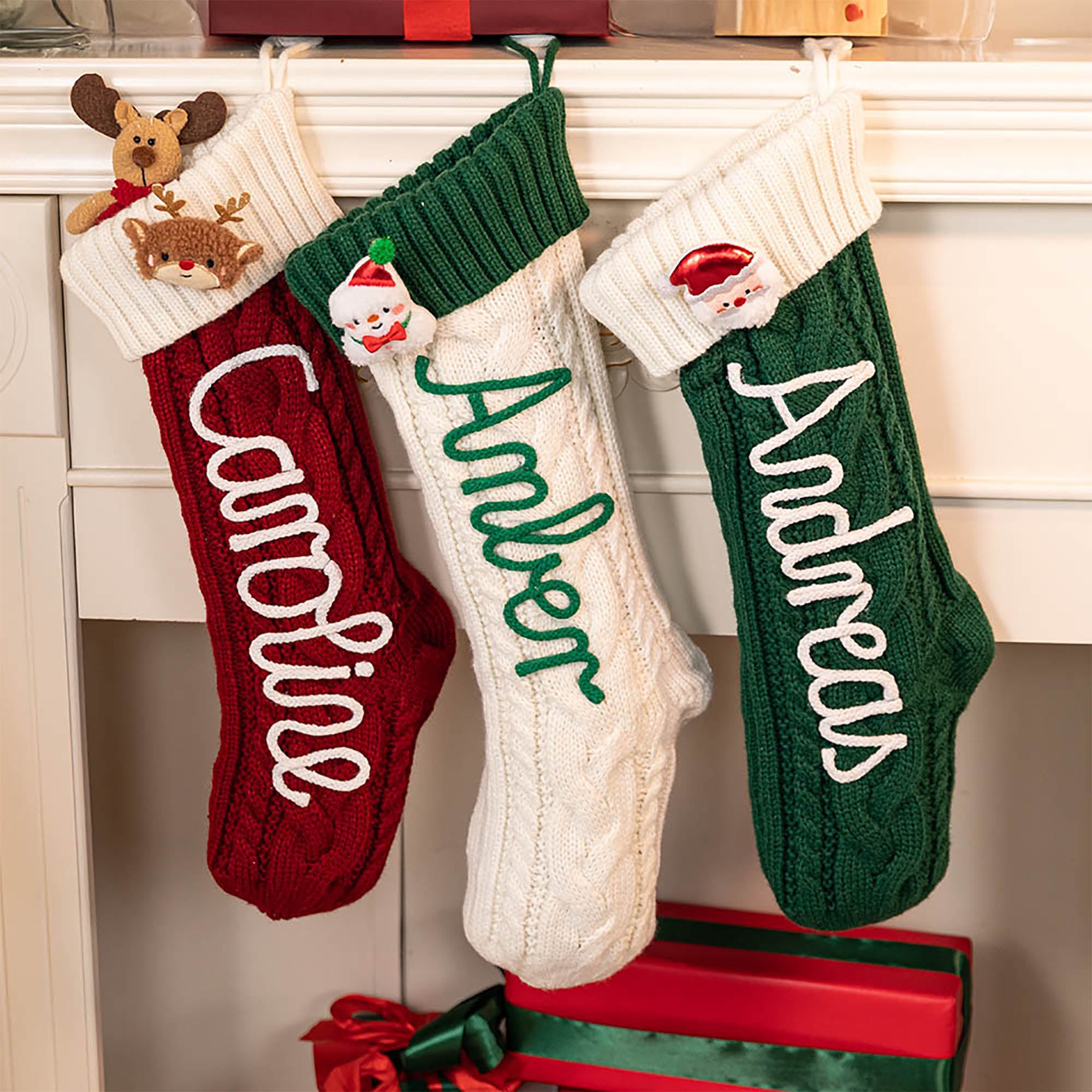 Calcetín navideño tejido personalizado con nombre muñeco de nieve Papá Noel y reno regalo de Navidad para la familia