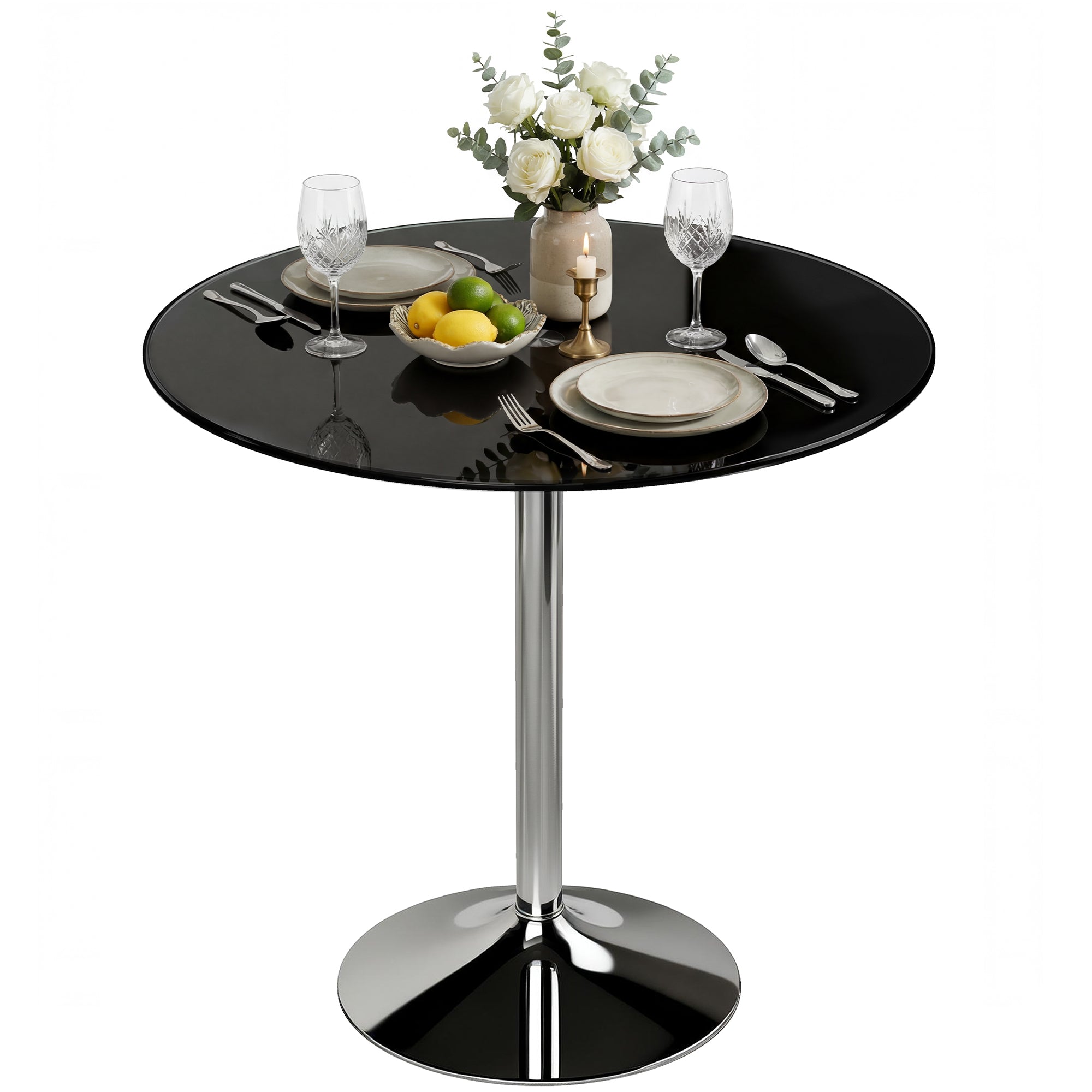 Bar Height Round Table with Tempered Glass Top & Steel Frame, 80x80x77cm Black