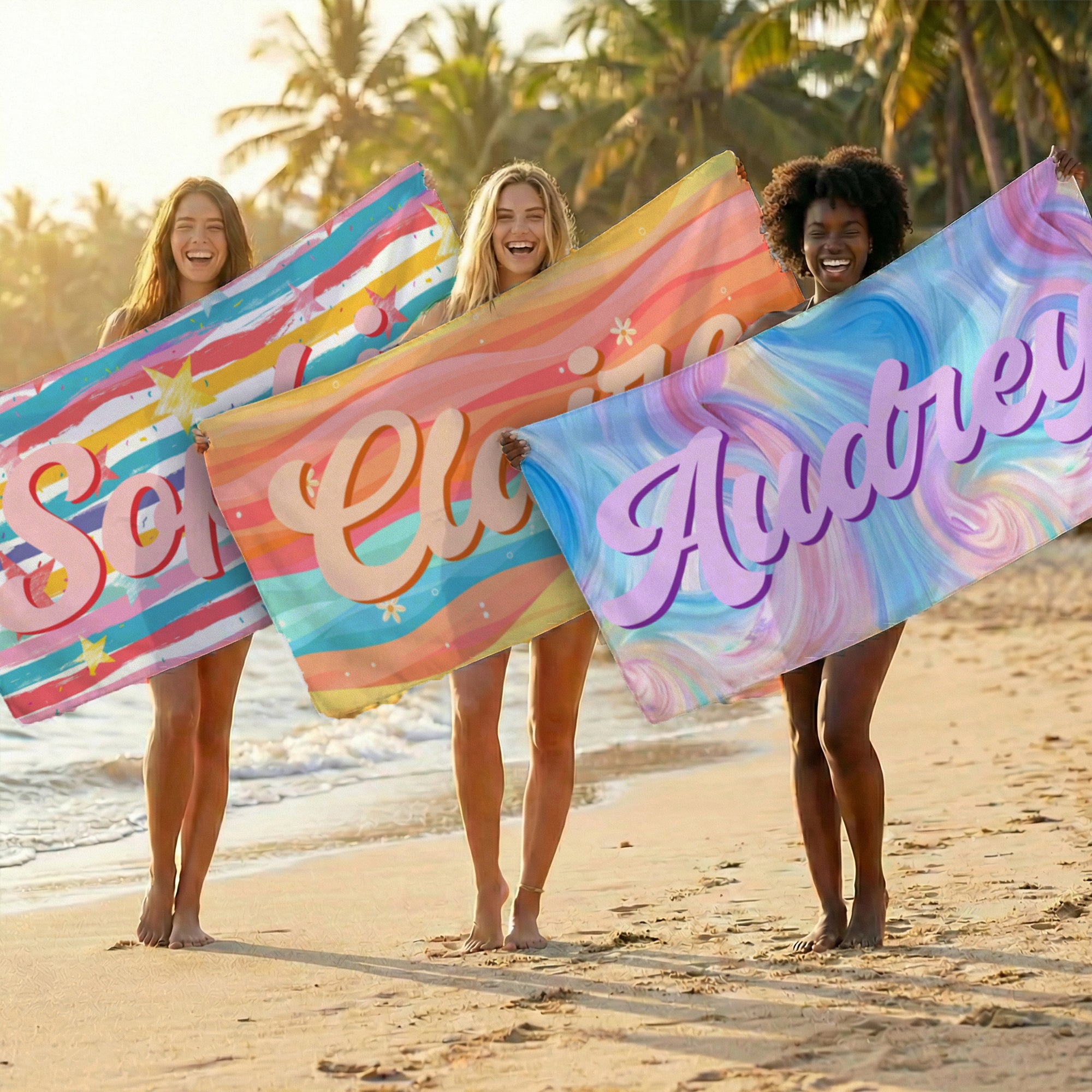 Set de toalla de playa de microfibra de secado rápido y bolsa de cordón con nombre en color arco iris personalizado Regalo de cumpleaños para la familia y los amigos