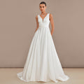 Bridal Wedding Dress Ivory Sleeveless Long V-Neck A-line Satin