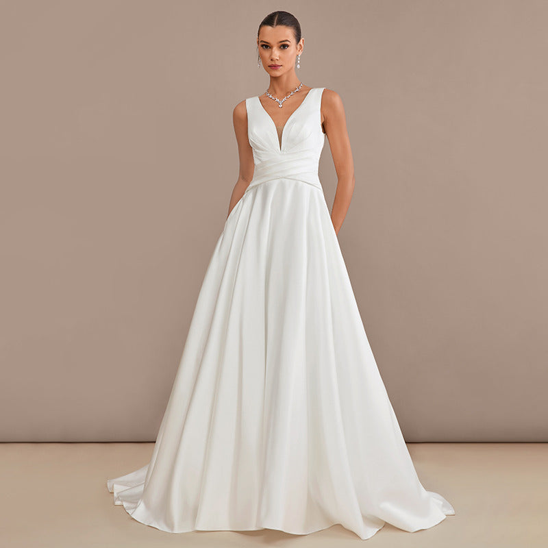 Bridal Wedding Dress Ivory Sleeveless Long V-Neck A-line Satin