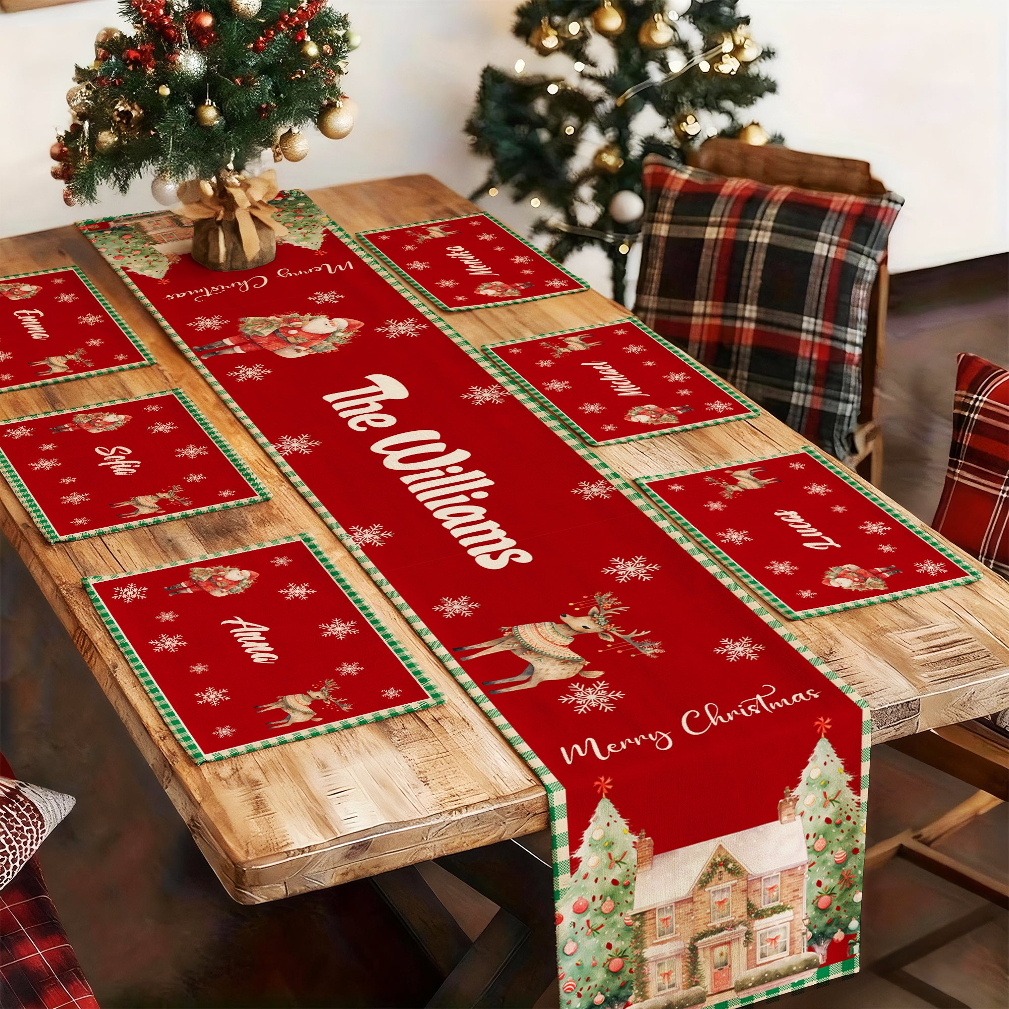 Camino de Mesa Personalizado Santa Claus Reno Navidad Juego de Manteles Individuales a Juego con el Nombre de la Familia Regalo de Navidad para un Amigo de la Familia