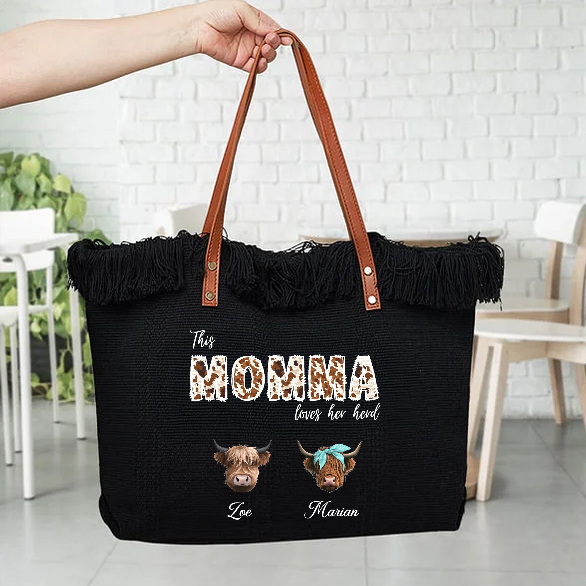 Bolsa de lona de vaca de las Highlands personalizada con 1-8 nombres y título Esenciales de viaje Regalo del Día de la Madre para la madre Abuela