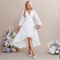 Bridal Wedding Dress White Long Sleeve Asymmetrical V-Neck A-line