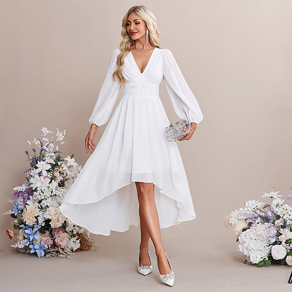 Bridal Wedding Dress White Long Sleeve Asymmetrical V-Neck A-line