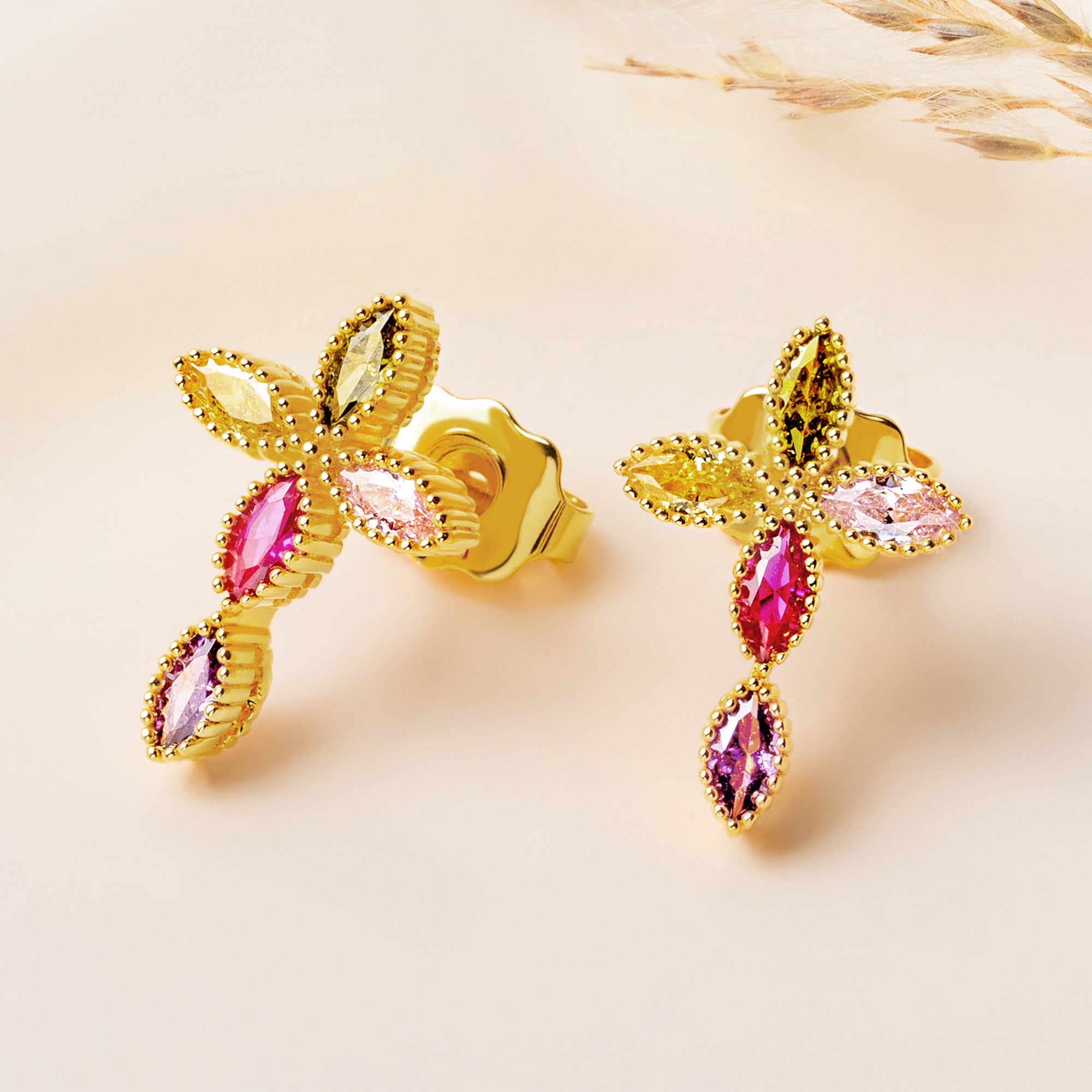 Personalizado 5 Familia Birthstones Cruz Stud Pendientes Santo Joyería Cumpleaños Bautizo Regalo para Mujeres Cristianas