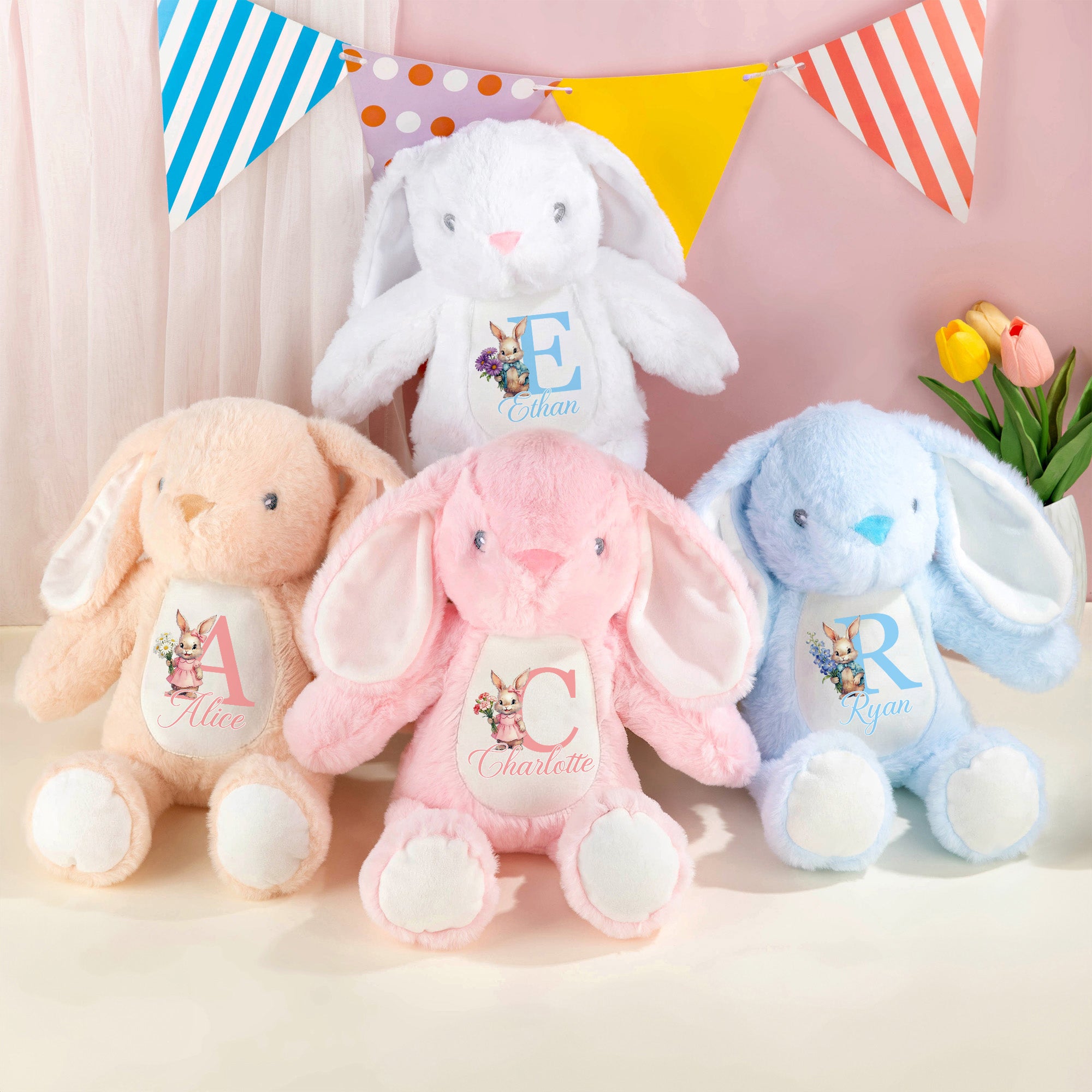 Conejito de Pascua de peluche personalizado con nombre inicial y flor de nacimiento Regalo de Pascua para recién nacidos Niños
