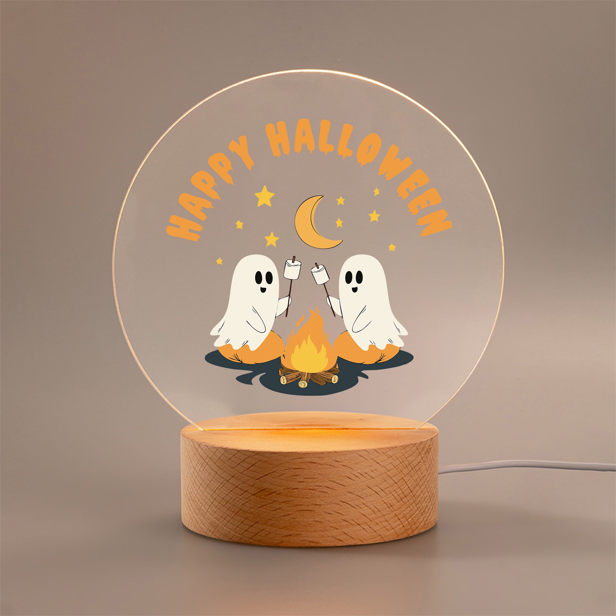 Personalizado lindo fantasma de Halloween de acrílico de luz de noche con base de madera y texto de Halloween de regalo para la familia amigo