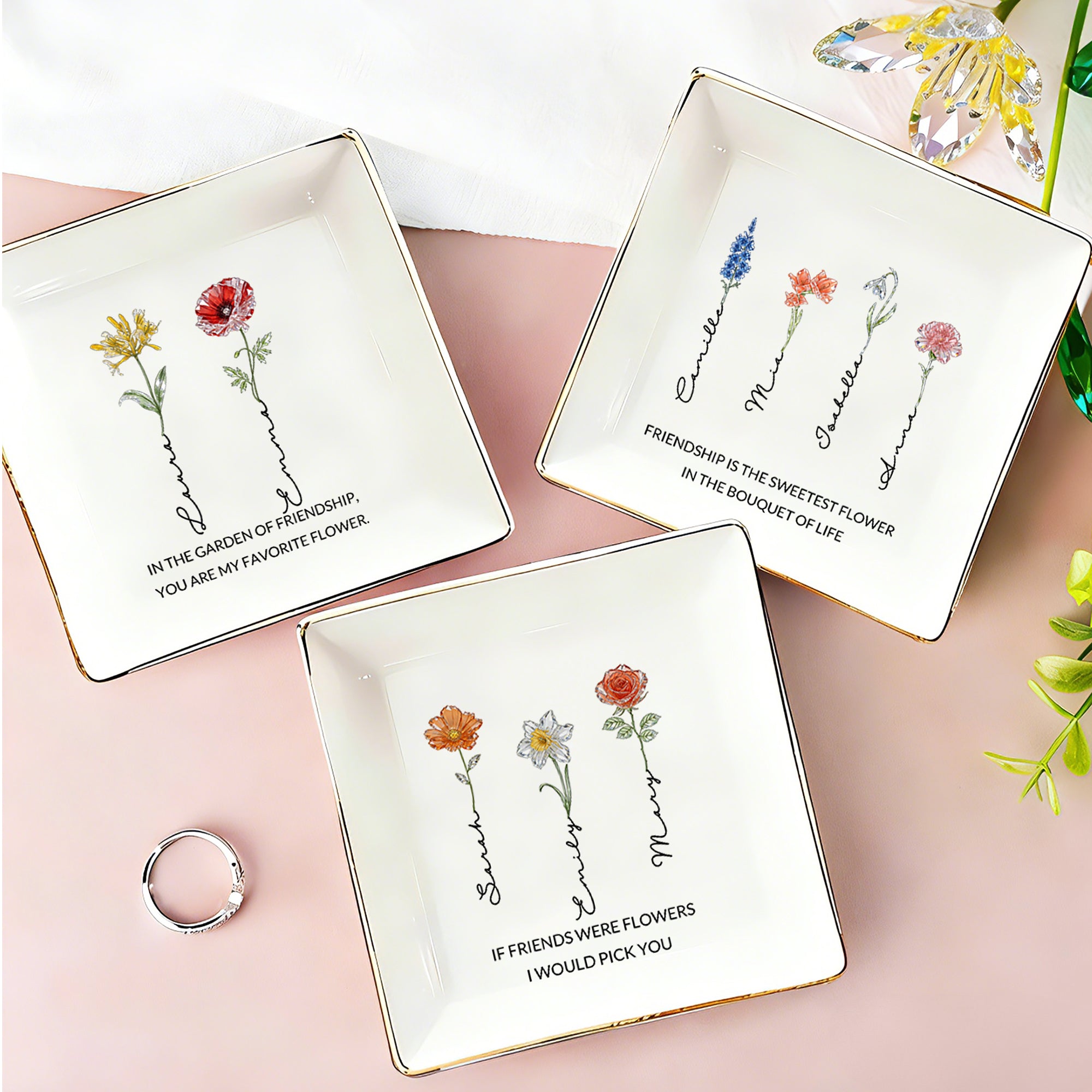 Personalizado Cristal Nacimiento Flor Baratija de cerámica Joyería Plato con Nombre y Texto Uso Diario Cumpleaños Regalo para Amigo Pareja Novia