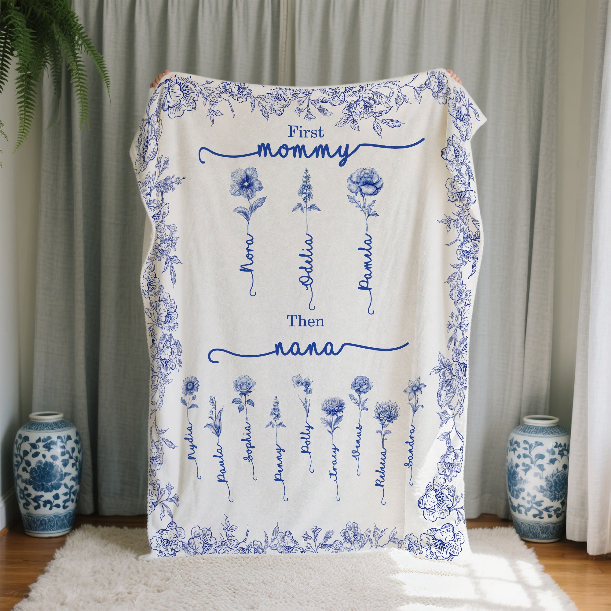 Toile De Jouy Personalizada Flor de Nacimiento Manta Suave con Nombre Decoración del Hogar Cumpleaños Regalo de Navidad para Mamá Abuela