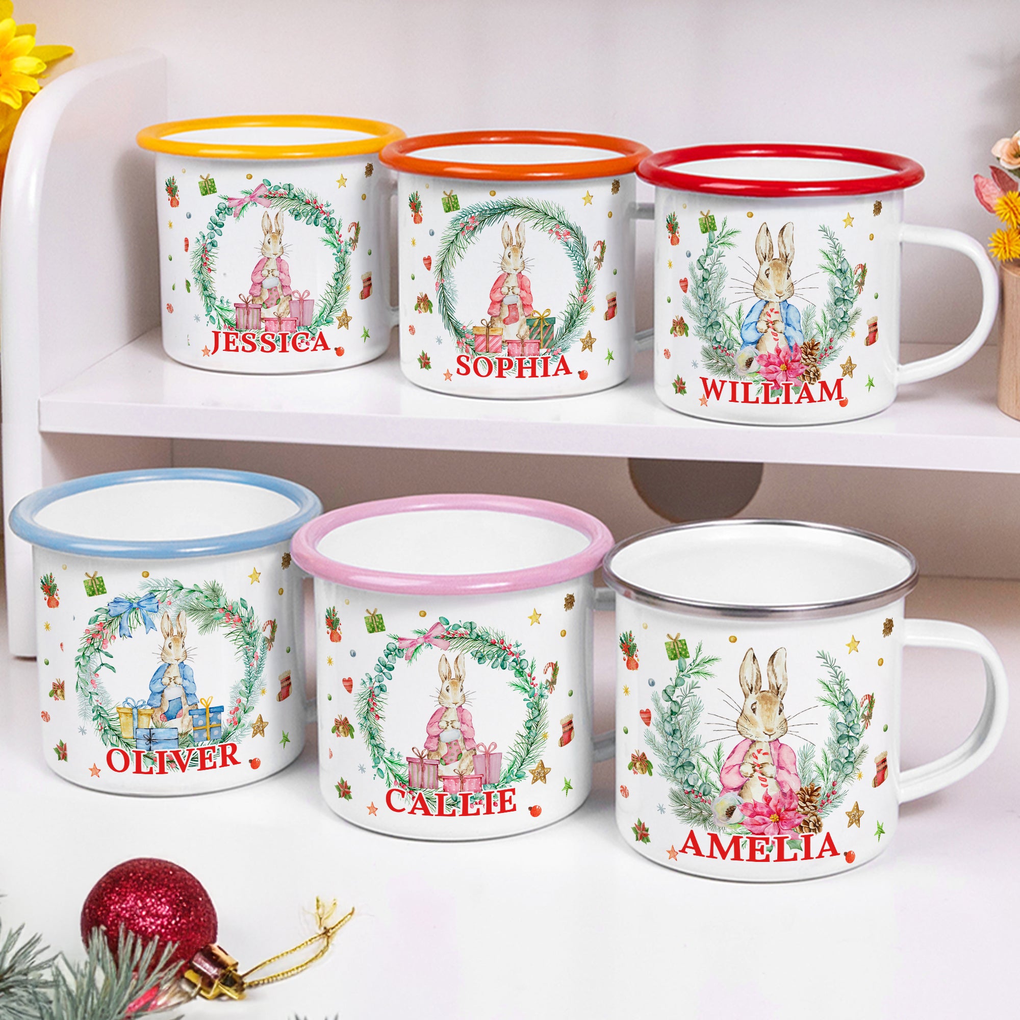 Taza esmaltada personalizada de dibujos animados de Peter Rabbit de 12 oz con borde de color y nombre Regalo de Navidad para la familia Niños