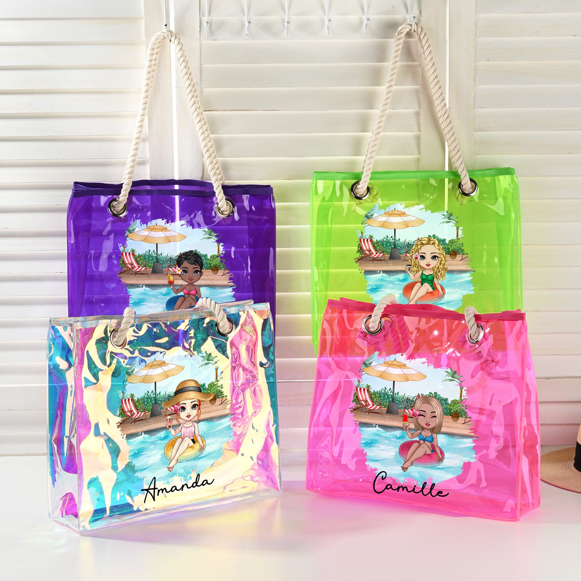 Personalizada Piscina Vacaciones Dibujos animados Niña Holográfica Transparente Bolsa de asas con nombre Fiesta de verano Vacaciones Cumpleaños Regalo para Mujeres Niñas