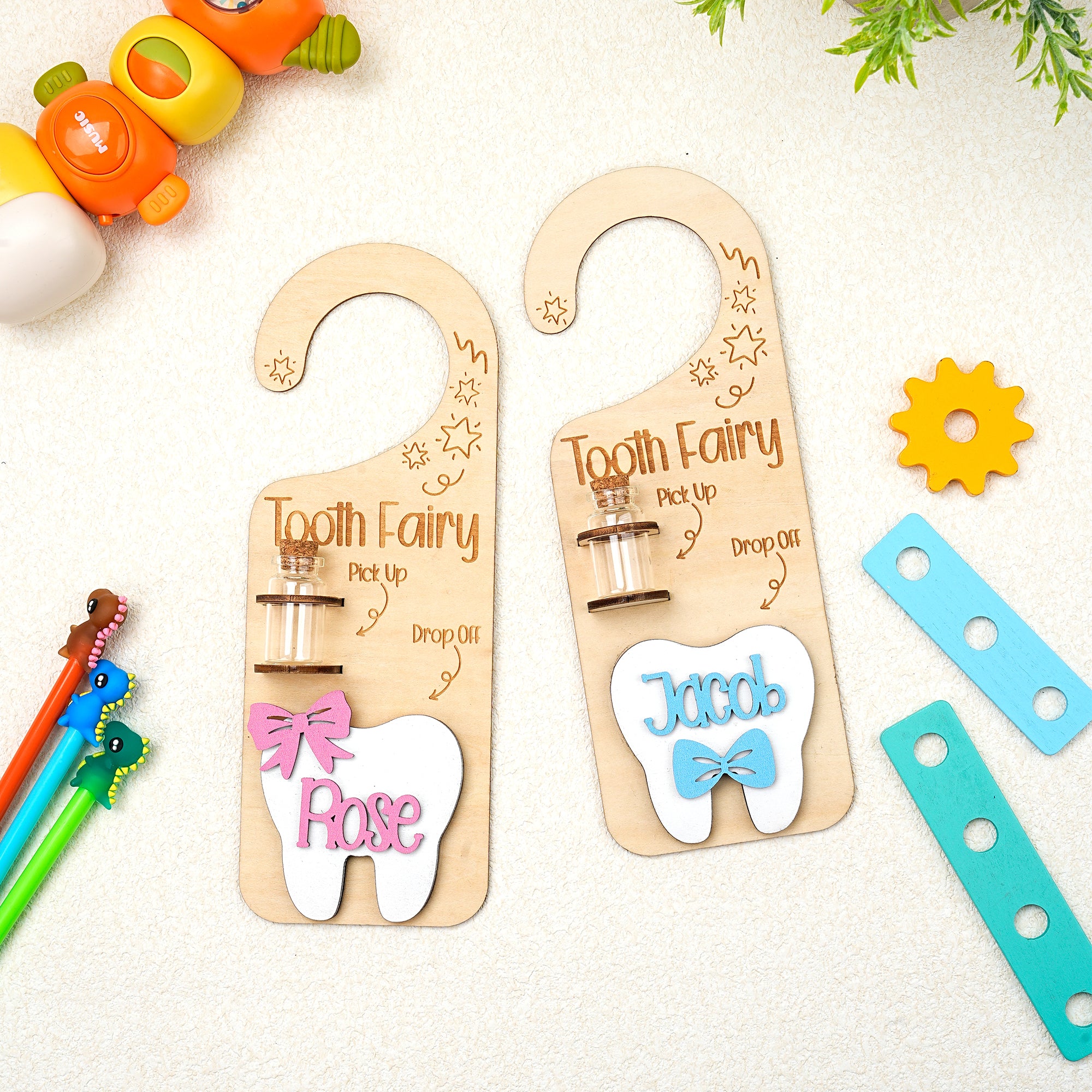 Colgador de puerta de madera personalizado con el nombre del Ratoncito Pérez grabado con ranura para el dinero y botella de cristal Decoración de dormitorio Regalo de recuerdo de pérdida de dientes pa