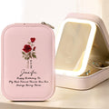 Personalizada Flor de Nacimiento Caja de joyería de cuero de la PU con LED de tres colores espejo ajustable y el nombre de texto Fecha de viaje esencial regalo de cumpleaños para las mujeres