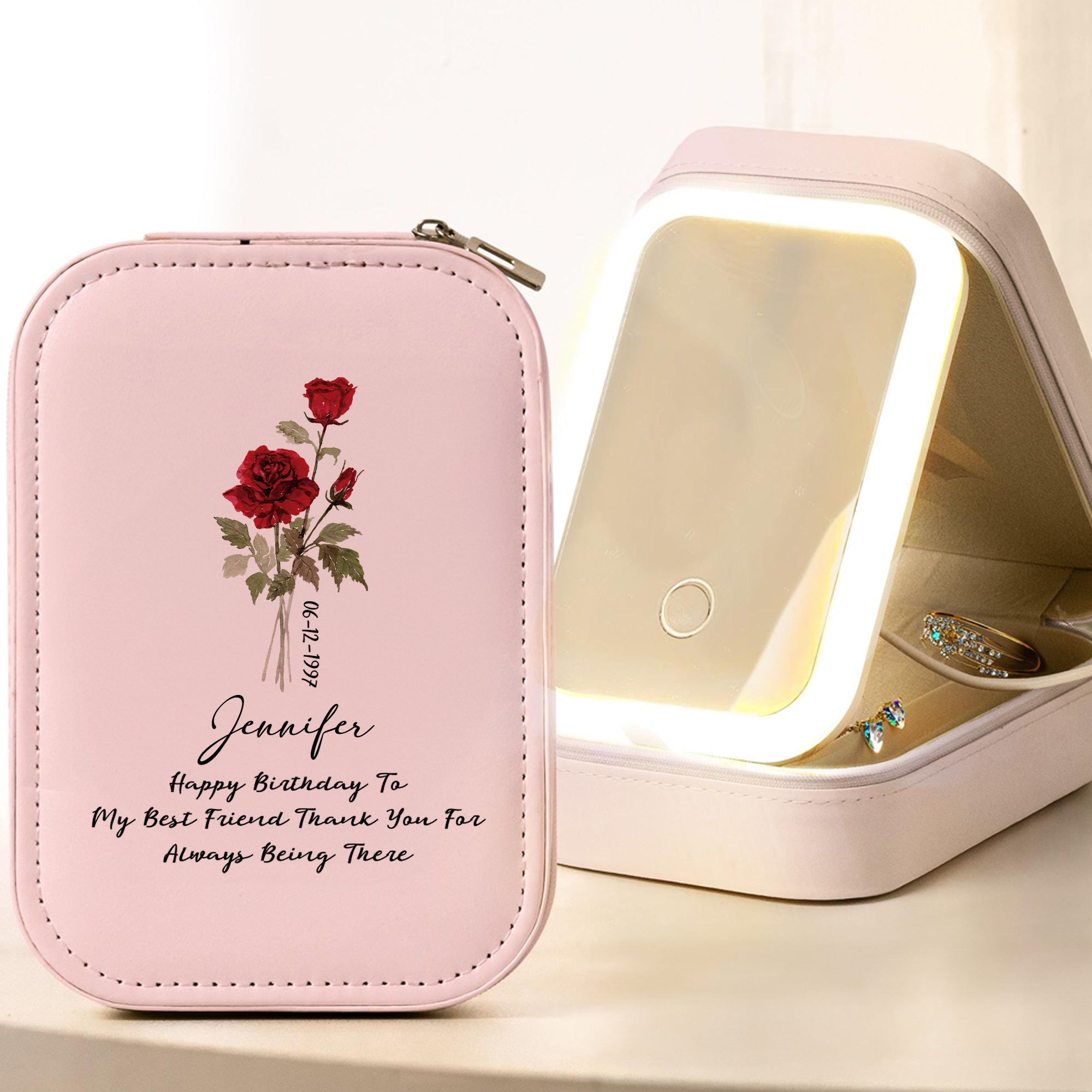 Personalizada Flor de Nacimiento Caja de joyería de cuero de la PU con LED de tres colores espejo ajustable y el nombre de texto Fecha de viaje esencial regalo de cumpleaños para las mujeres