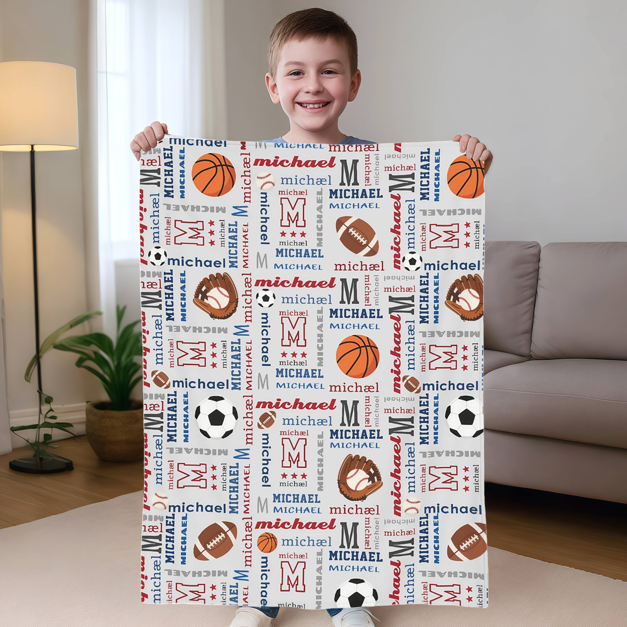 Manta personalizada de baloncesto fútbol rugby nube de palabras con varios nombres e iniciales Decoración de la habitación Regalo de cumpleaños para niños