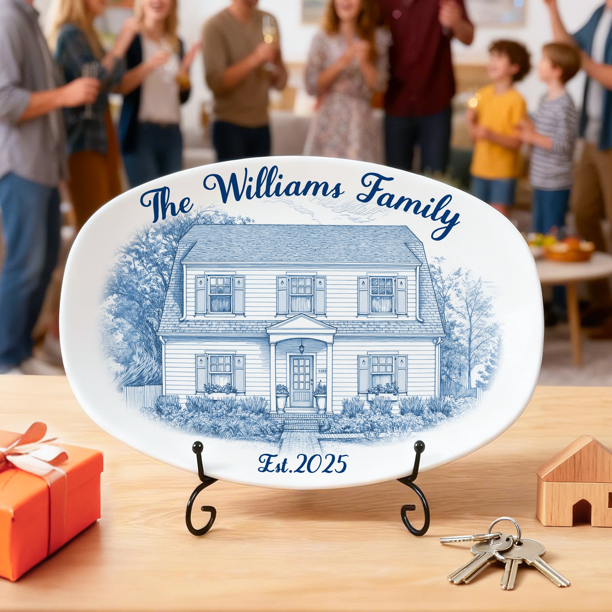 Plato decorativo personalizado con estilo de dibujo a bolígrafo con soporte y texto Regalo de inauguración de la casa en Navidad para amigos de la familia