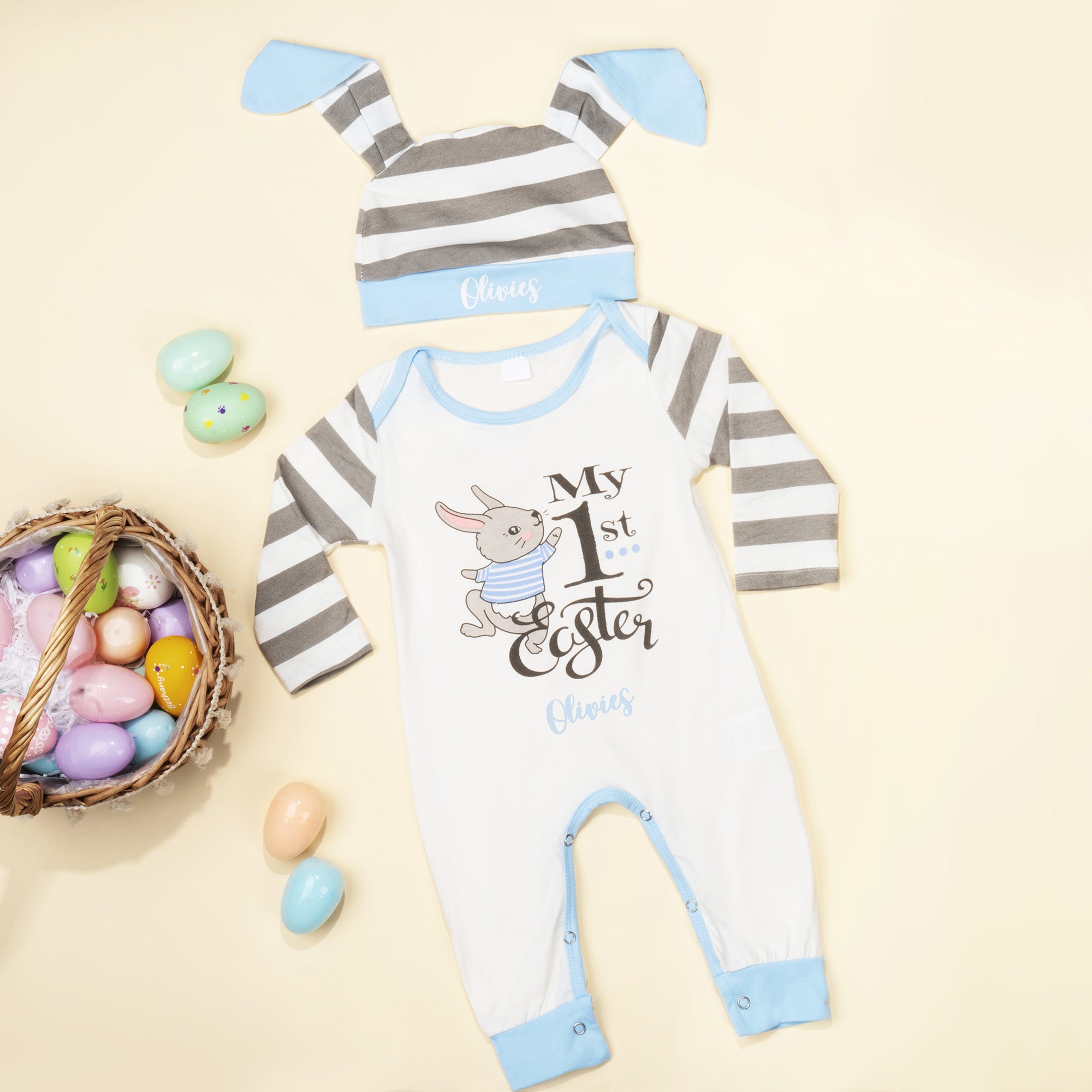 100% Algodón Personalizado Mi Primera Pascua Baby Romper Conejito Oreja Sombrero Set con Nombre Pascua Cumpleaños Regalo para Bebé Niño