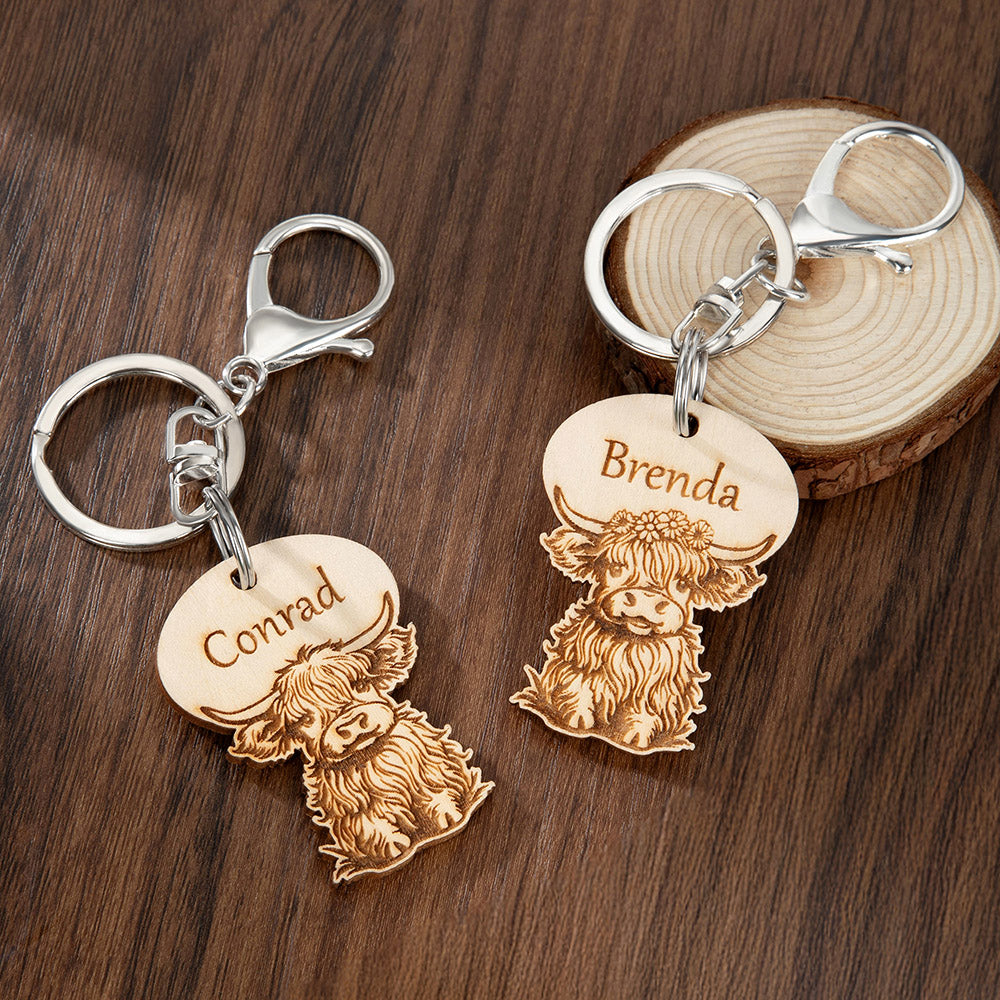 Llavero de Madera Personalizado Vaca de las Tierras Altas con Nombre Bolsa Accesorios Regalo de Cumpleaños para los Amantes de las Vacas de las Tierras Altas