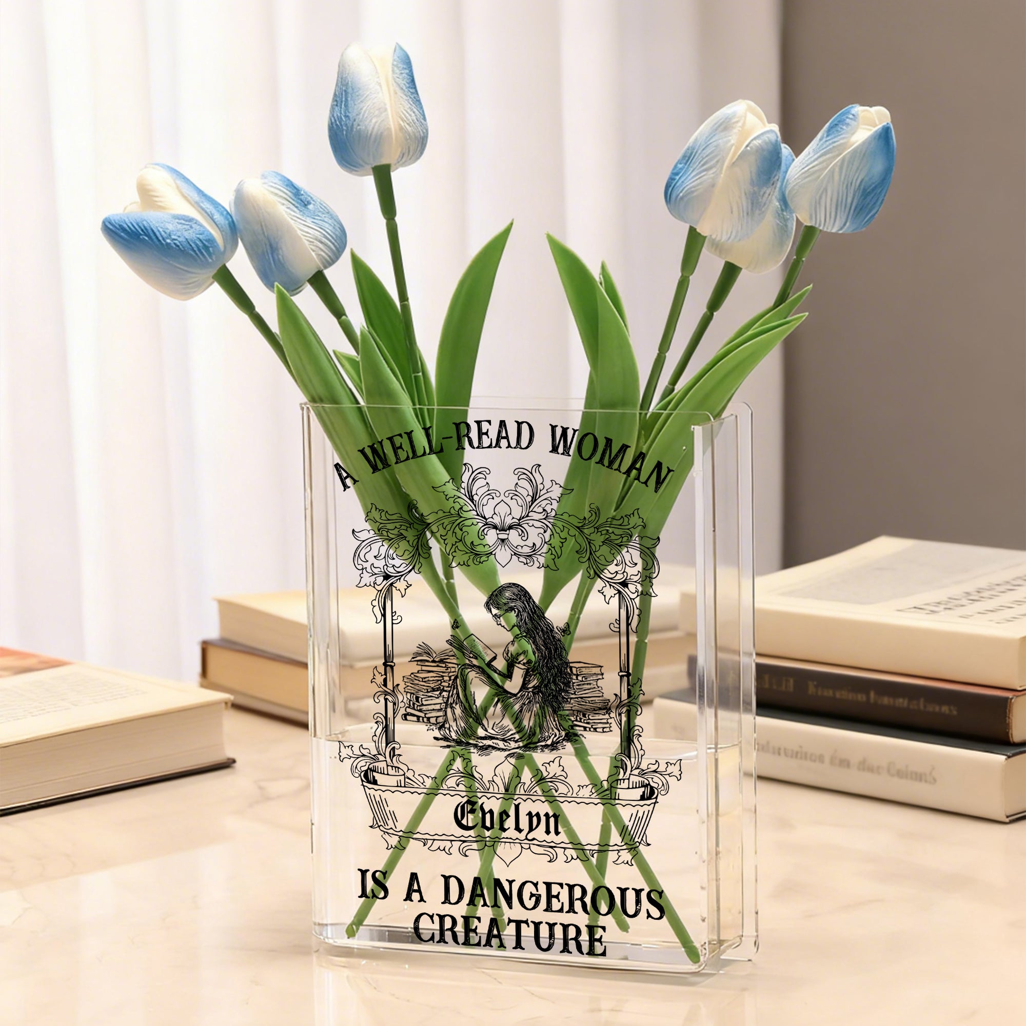 Personalizado Retro Lectura Chica Claro acrílico libro florero con nombre estantería decoración de la habitación regalo de cumpleaños para los amigos amantes de los libros