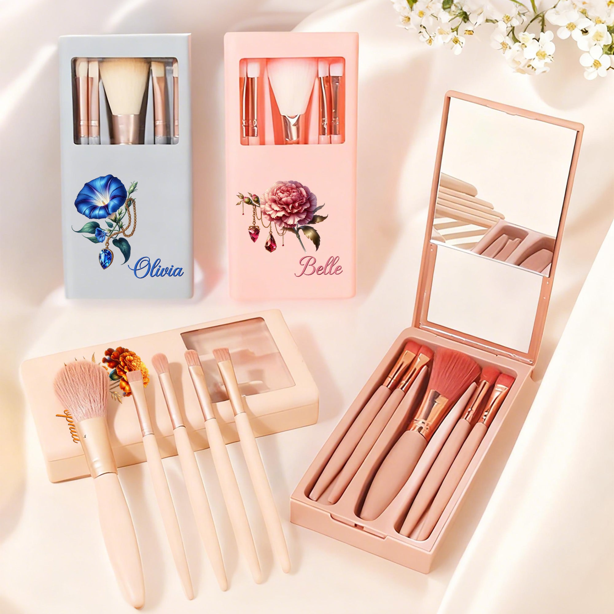 Personalizado Gemstone Nacimiento Flor Brocha de Maquillaje de viaje Caja de Almacenamiento Set con Nombre Cumpleaños Regalo de boda para las mujeres