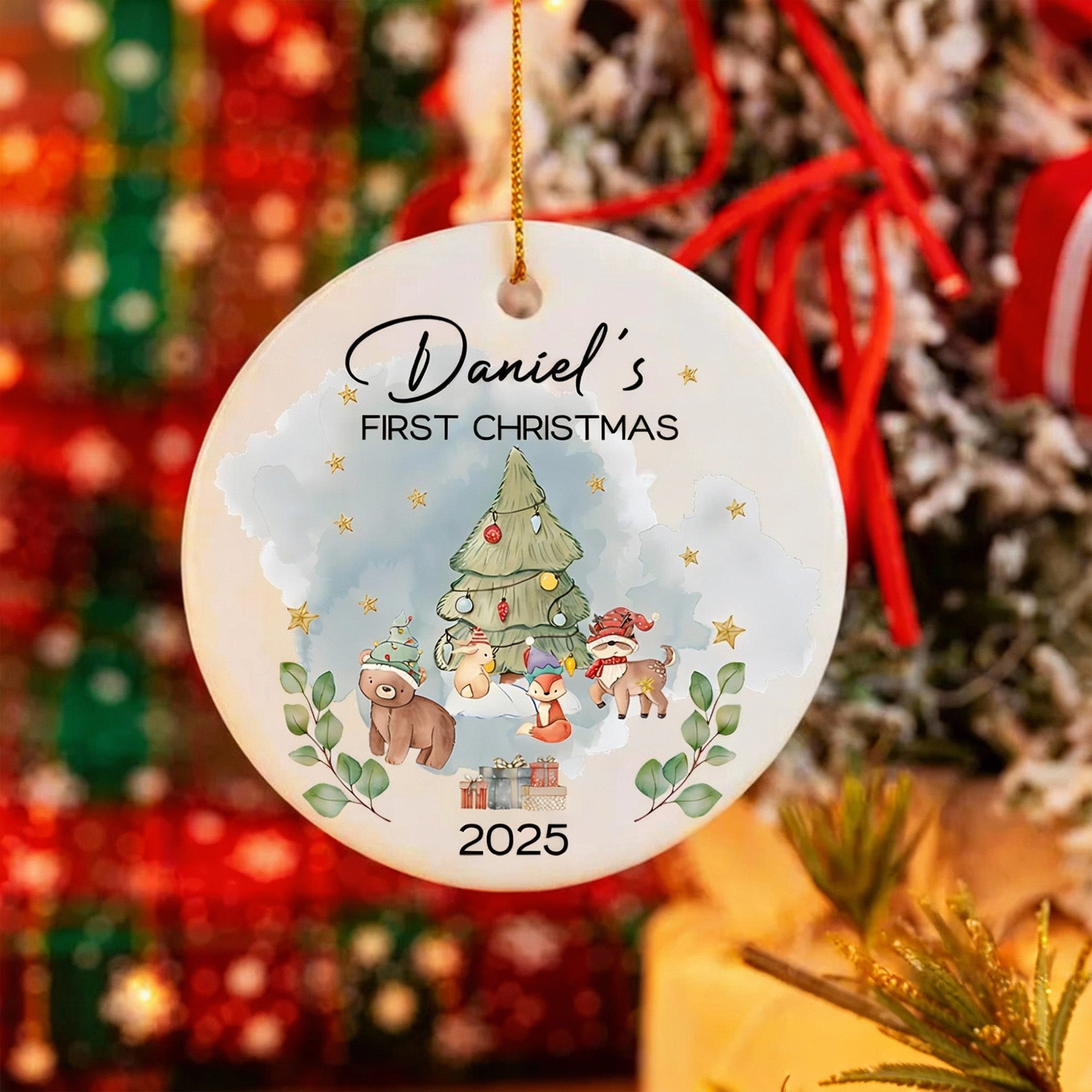 Personalizado lindo árbol de Navidad de dibujos animados animales con el nombre del primer segundo regalo de decoración de Navidad para los niños