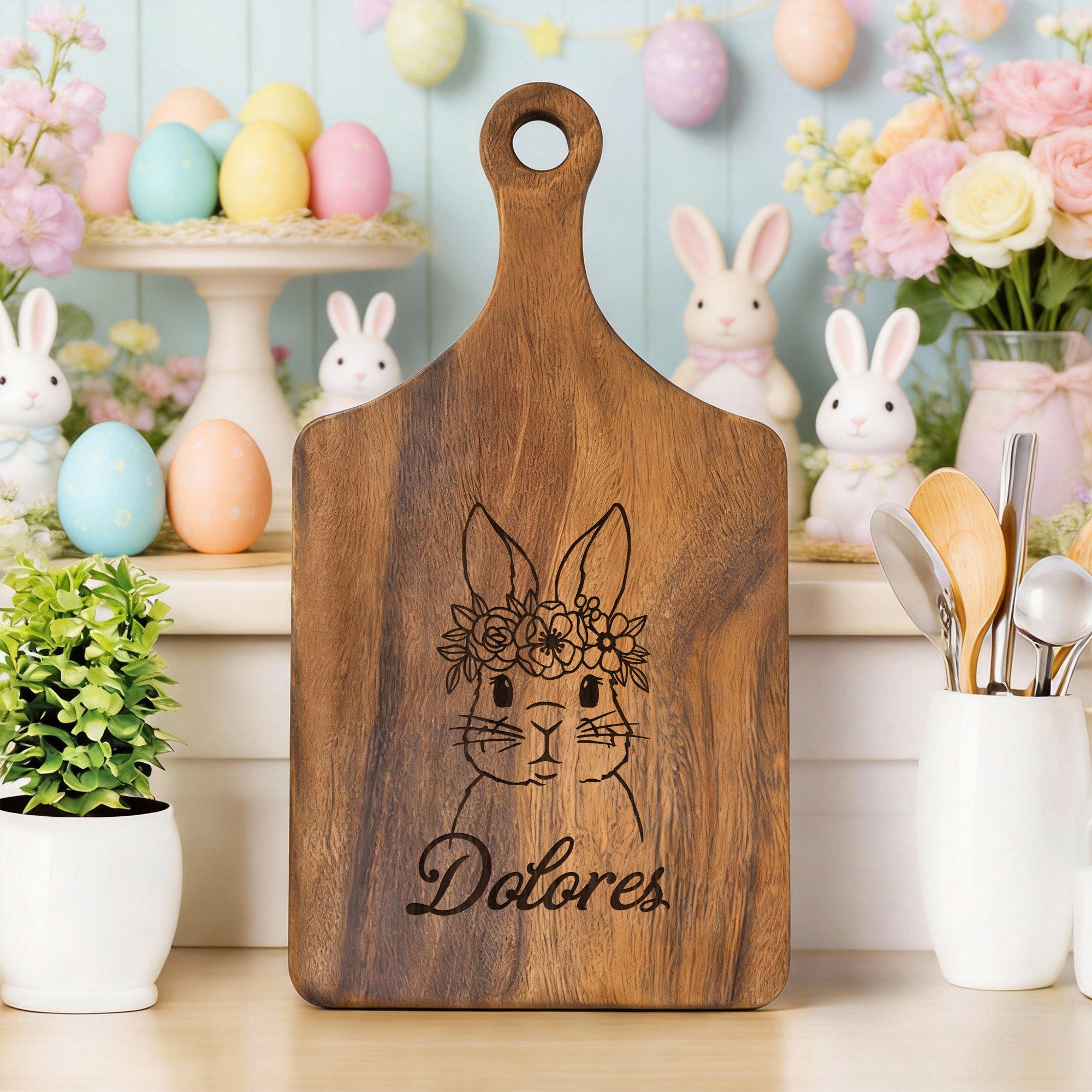 Conejito de Pascua Personalizado Elegantemente Grabado Tabla de Cortar de Madera con Dedo de Agarre y Nombre Pascua Boda Inauguración de la Casa Regalo para Parejas Familias