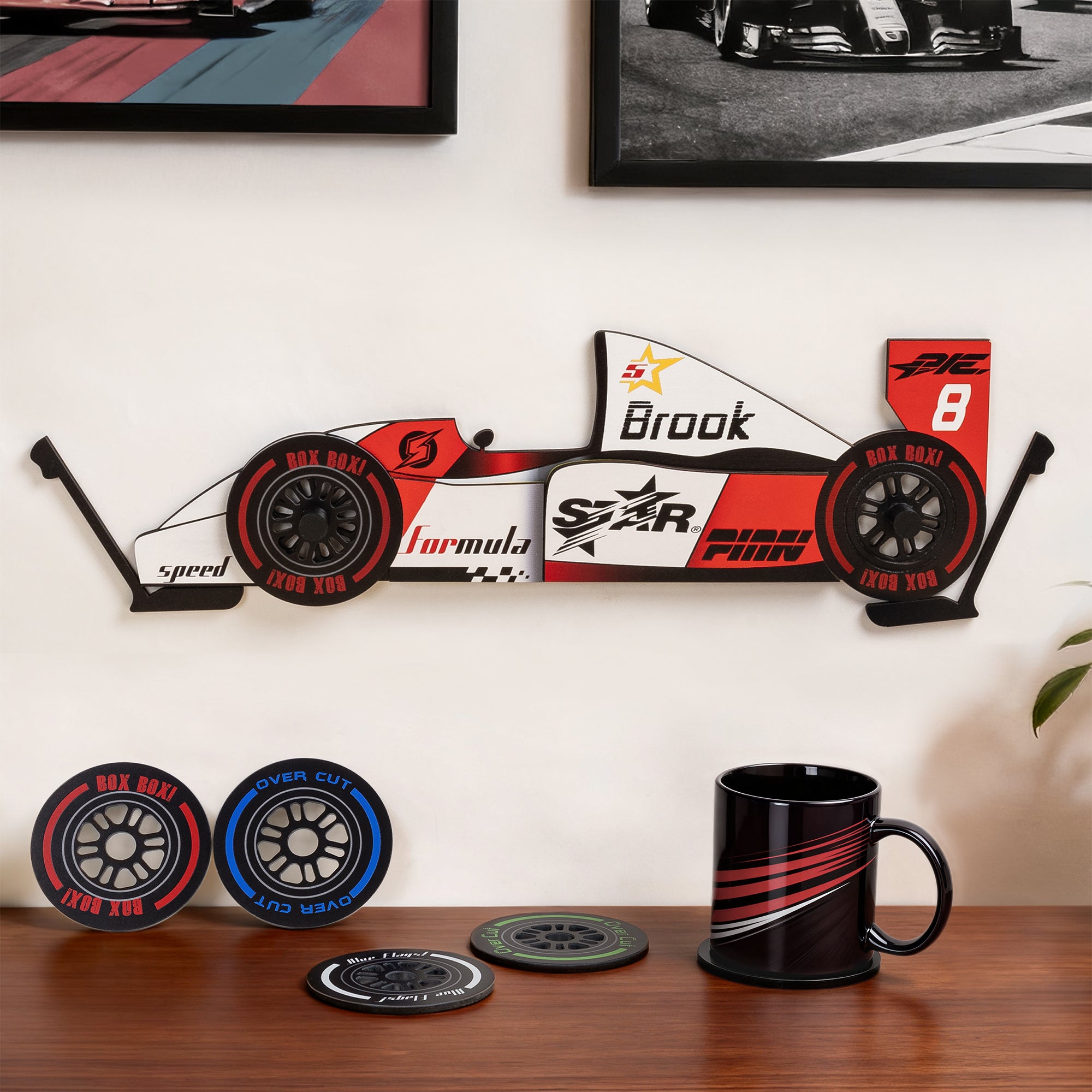 Juego de posavasos personalizados de madera con texto y número Regalo de cumpleaños y Navidad para los amantes de los coches de carreras