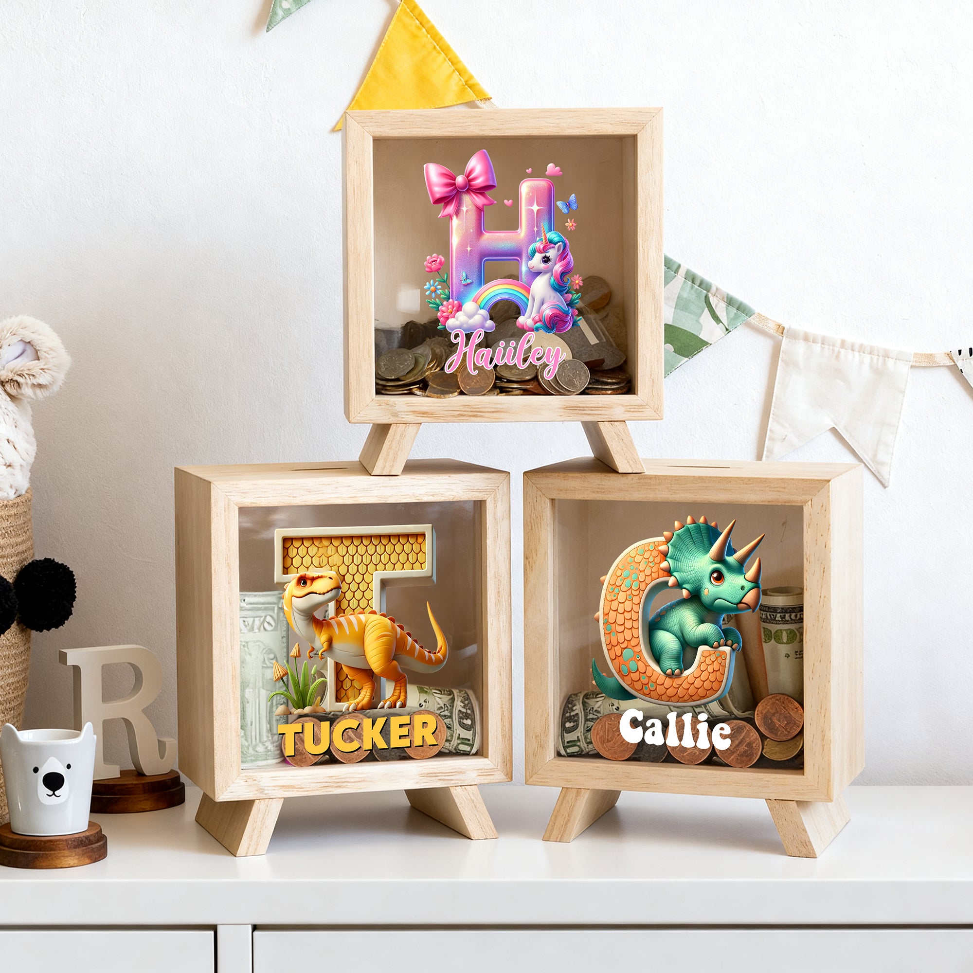 Personalizado lindo dinosaurio fantasía unicornio hucha de madera con nombre cumpleaños regalo de Navidad para niños niñas
