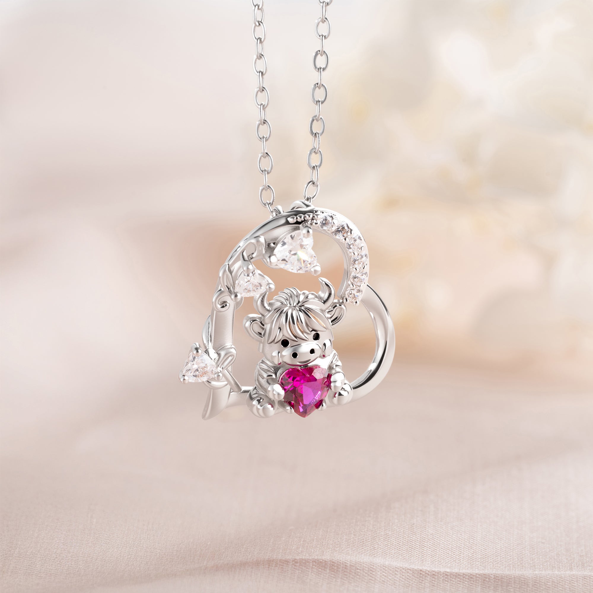 Highland Vaca Abrazando Amor de Cumpleaños - Personalizado Colgante Corazón Piedra de Nacimiento Collar de Plata de Ley