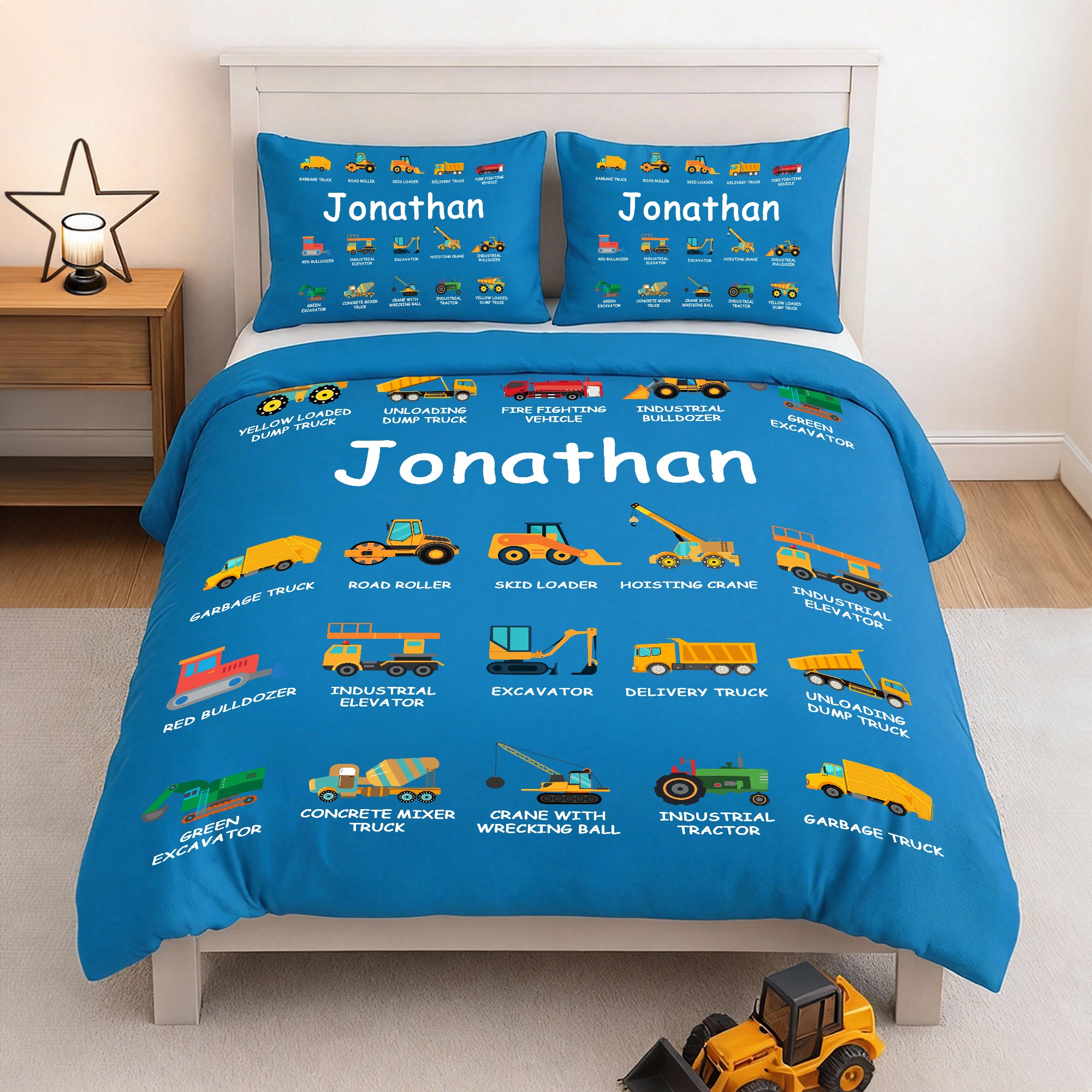 Camión de construcción multicolor personalizado Funda nórdica suave y 2 fundas de almohada Juego de ropa de cama con nombre Regalo de Navidad para niños amantes de los camiones